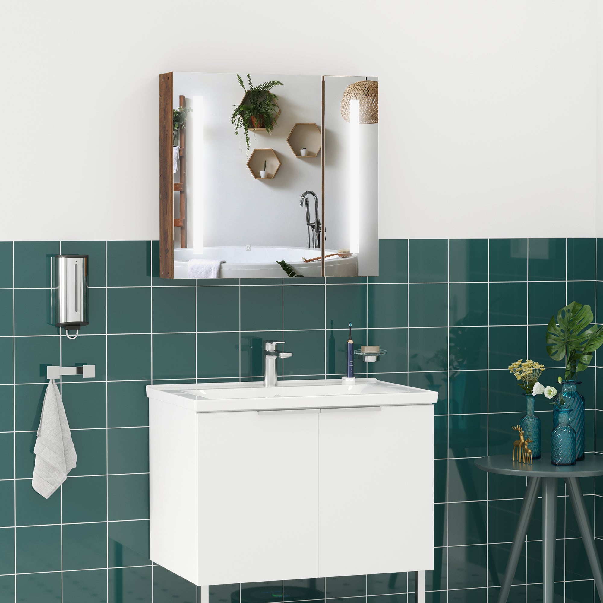 Specchiera Bagno Con Luci LED Regolabili - Armadietto 2 Ante, Mensola Regolabile, 70x15x65cm Marrone - Foto 7