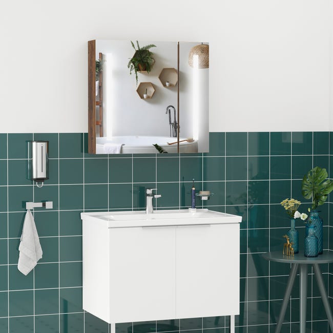 Specchiera Bagno Con Luci LED Regolabili - Armadietto 2 Ante, Mensola Regolabile, 70x15x65cm Marrone - Foto 7