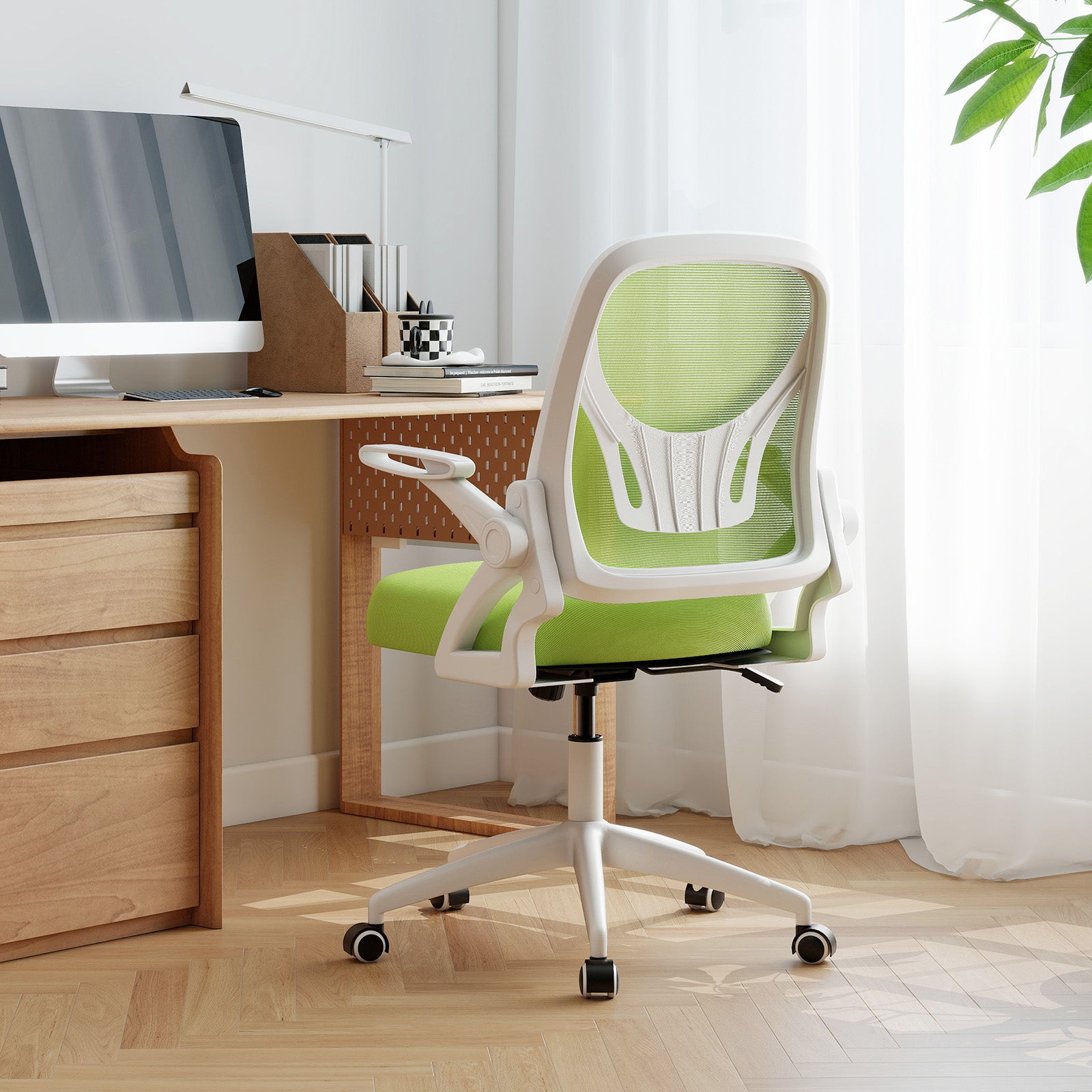Ergonomiczne krzesło biurowe obrotowe, fotel biurowy z regulowaną wysokością i podnoszonymi podłokietnikami, oparcie z oddychającej siatki, zielone - 2