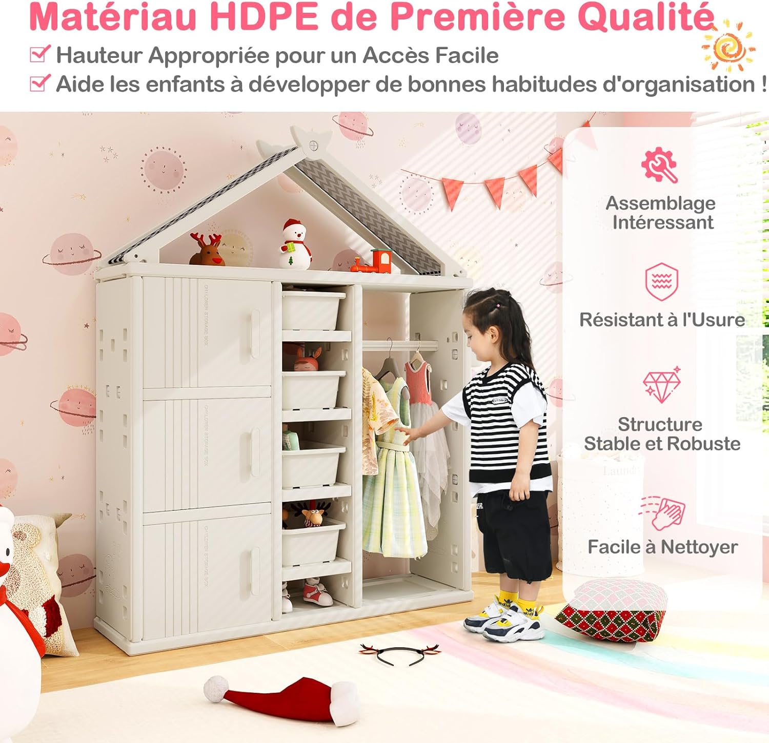 Armoire à Vêtements Enfant, Armoire de Rangement en Forme de Maison, avec Barre de Suspension, 3 Paniers Réglables en Hauteur (Blanc) - 4