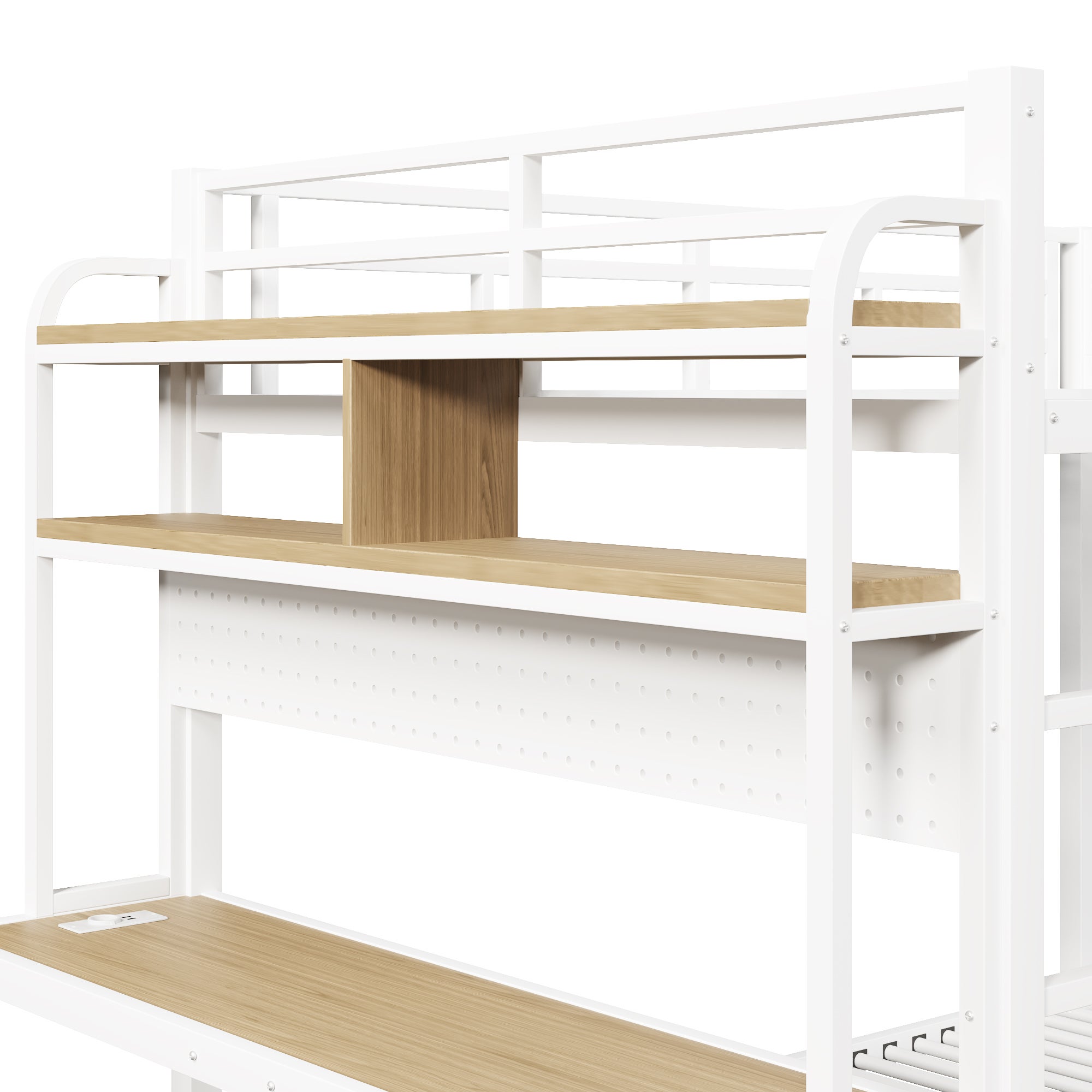 Lit superposé 140x200 avec bureau intégré, LED et ports USB - Structure métal, garde-corps et échelle - Blanc (sans matelas) - 9