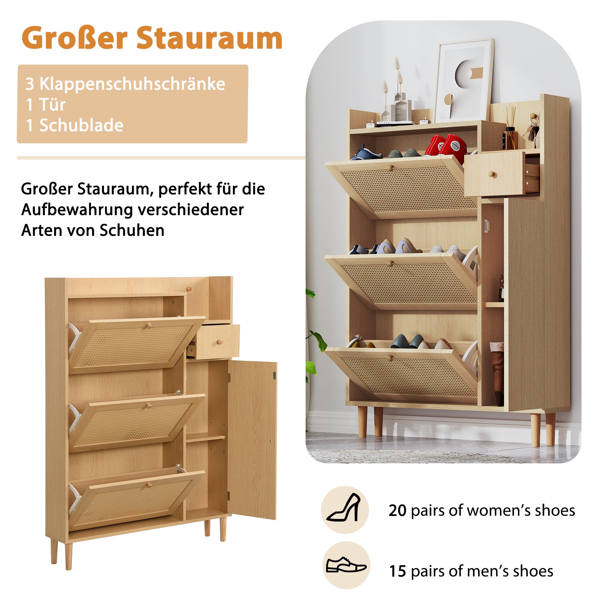 Armoire à chaussures en rotin, 3 portes battantes et 1 tiroir avec pieds et poignées en bois massif, dimensions: B90 / h125 / t17 cm - 7
