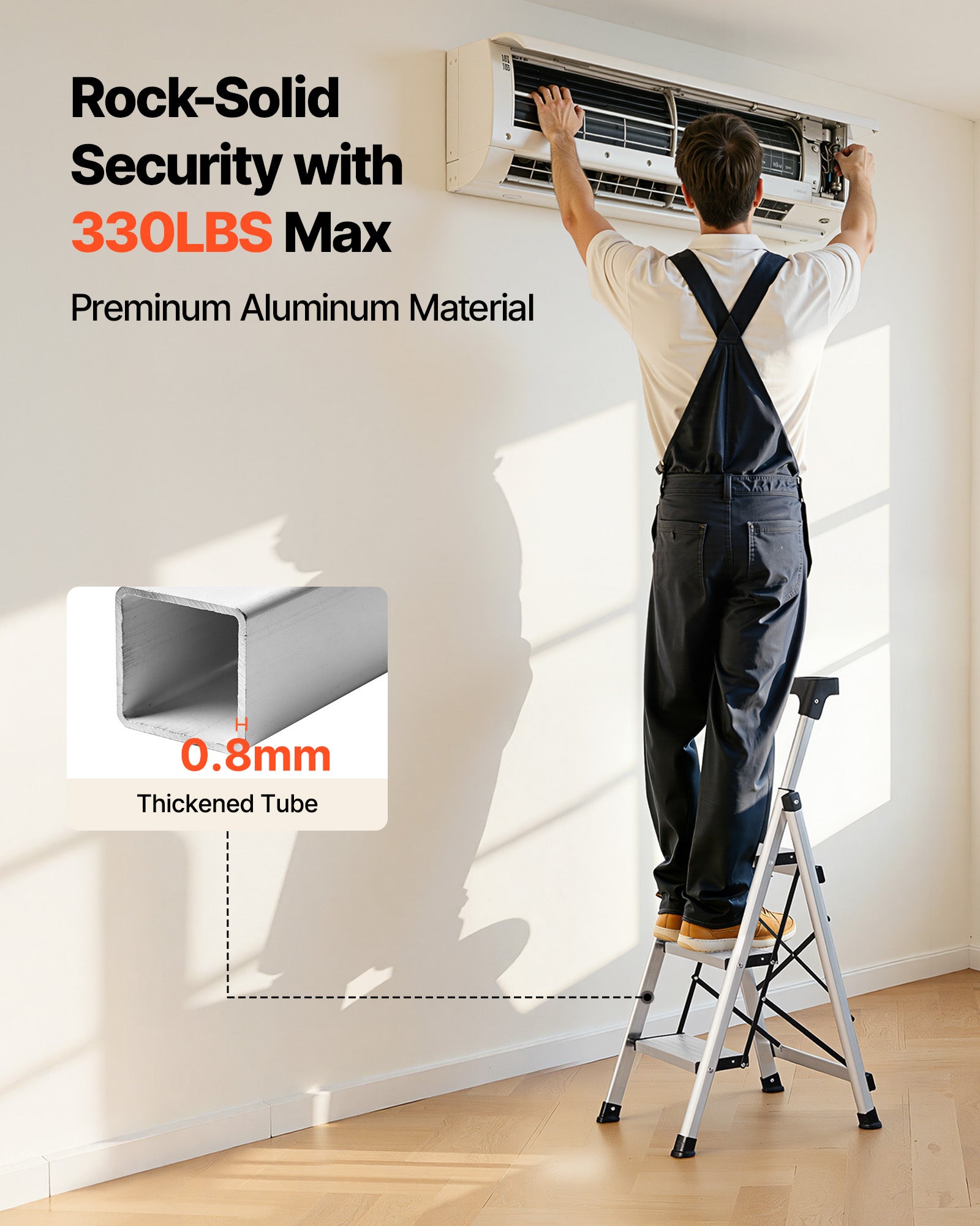 Escabeau Pliant VEVOR 3 Marches Marchepied Pliable Charge 150 kg Alliage d'Aluminium, Larges Marches Antidérapantes, Plateau à Outils, Argenté - 4