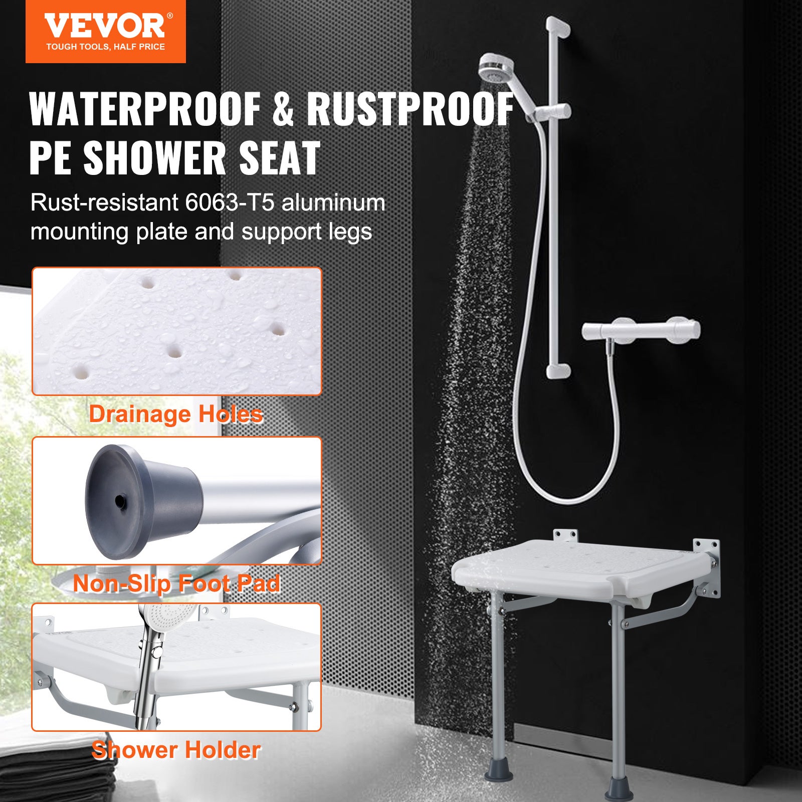 Asiento de ducha plegable de PE,expansión VEVOR 40x37,5 cm,taburete de ducha montado la pared,capacidad de carga de 500 libras,ahorro de espacio - 2