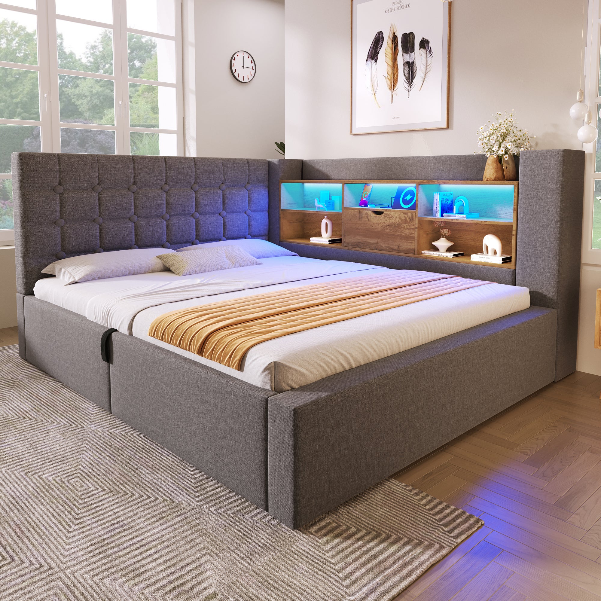Canapé-lit coffre 140x200cm - avec LED et port de chargement - avec sommier à lattes - tissu de lin - gris - 4
