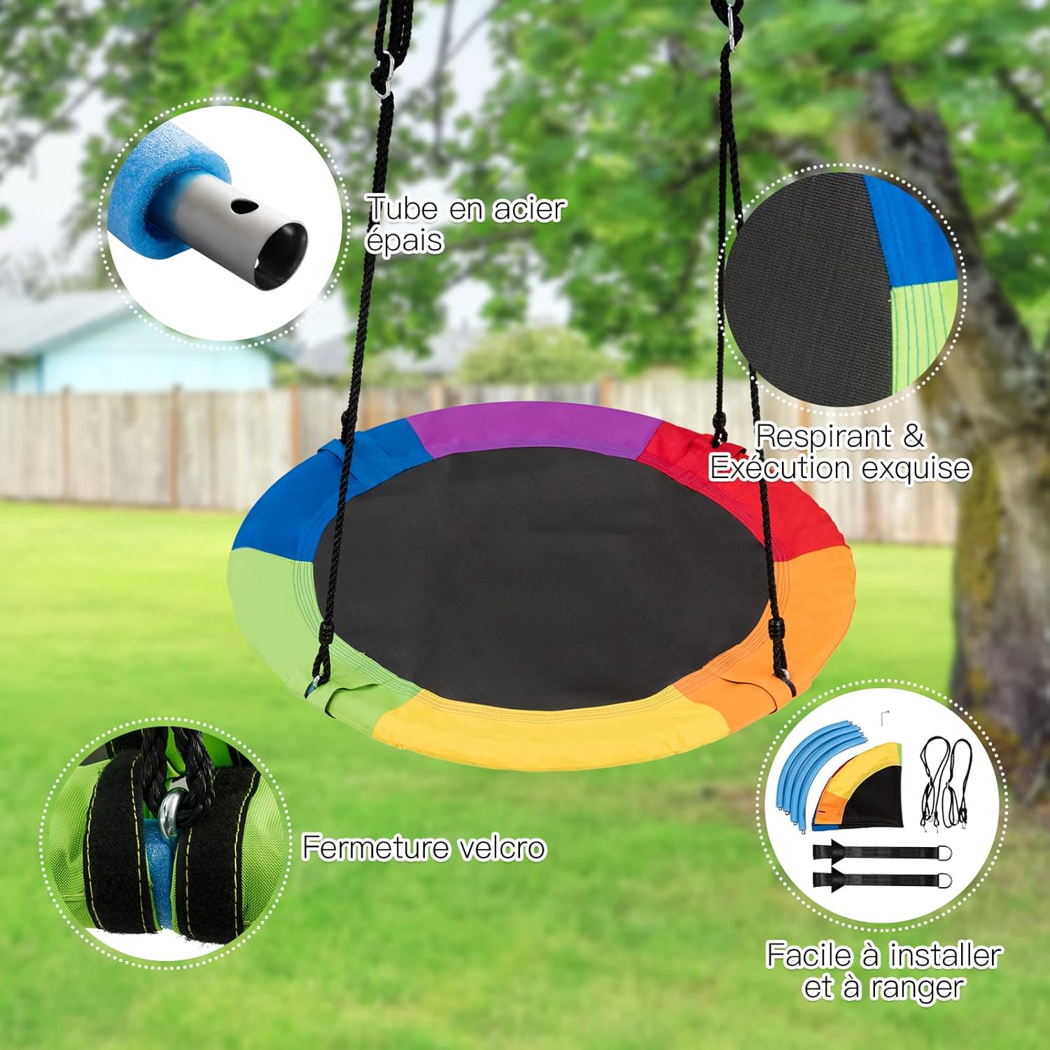 Balançoire Nid d’Oiseau Rond pour Enfant, Adulte Ø100CM avec Cordes de Suspensions Réglables 100-160 CM(Coloré, Cordon de Suspension) - 2