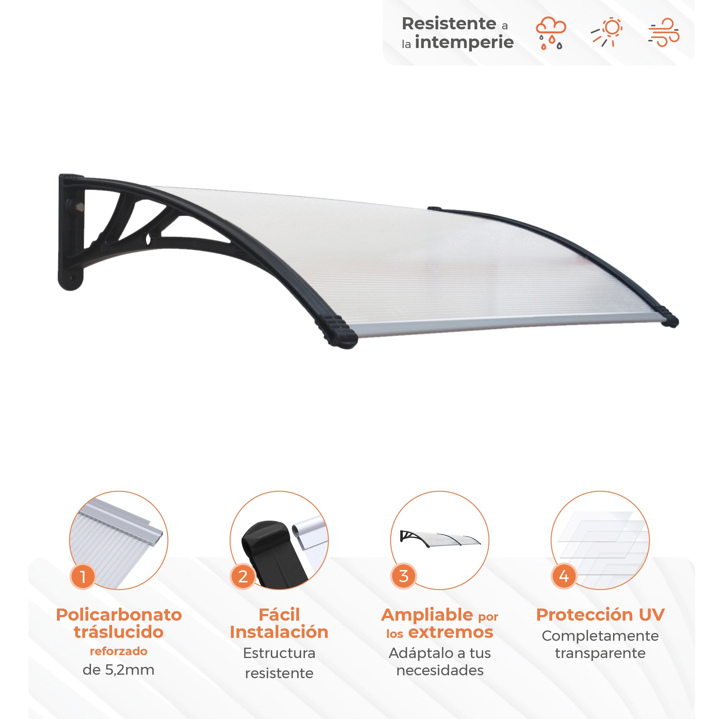Alpendre para porta 150x80cm – Policarbonato 5,2mm - Suportes em PVC Antracite - Montagem fácil - 3