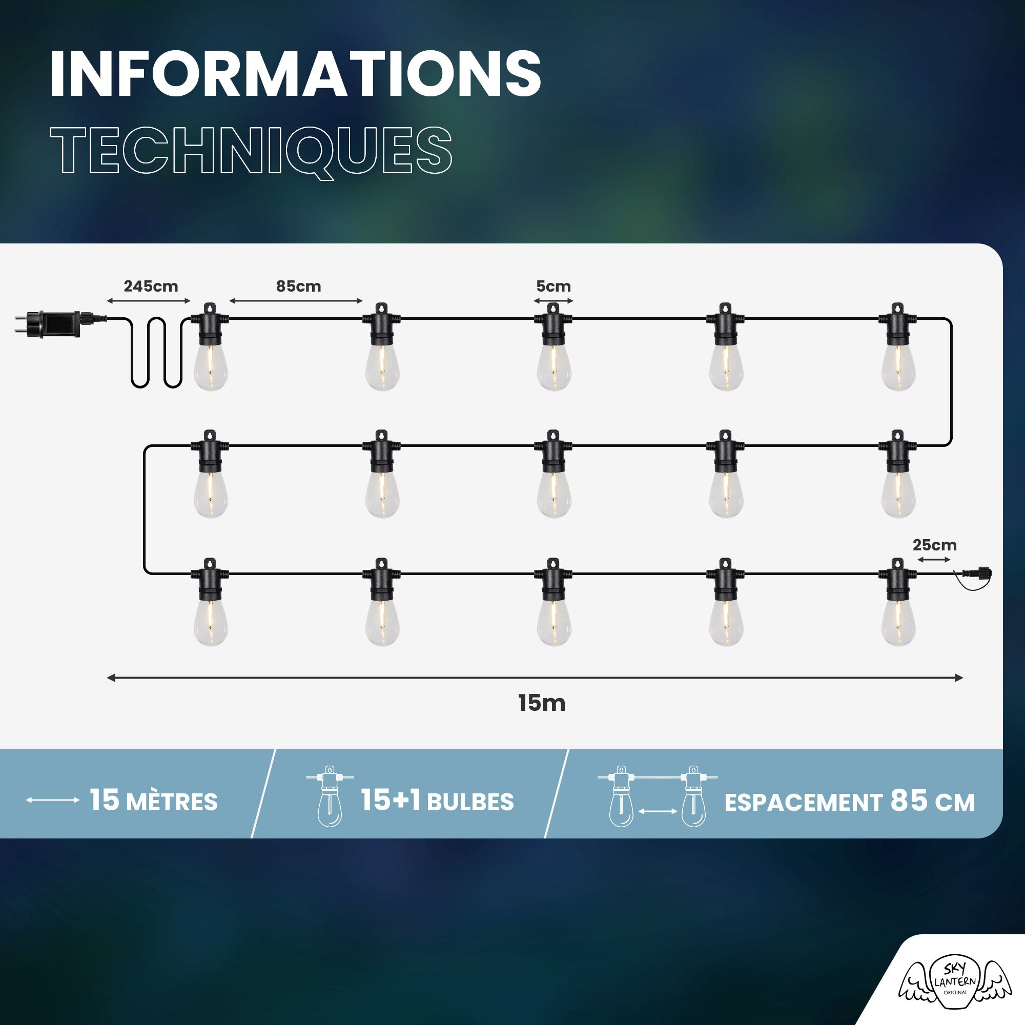 Guirlande Guinguette IP65 LED 15M 15 Bulbes Filament Allongé Dimmables Avec Télécommande SKYLANTERN - 3