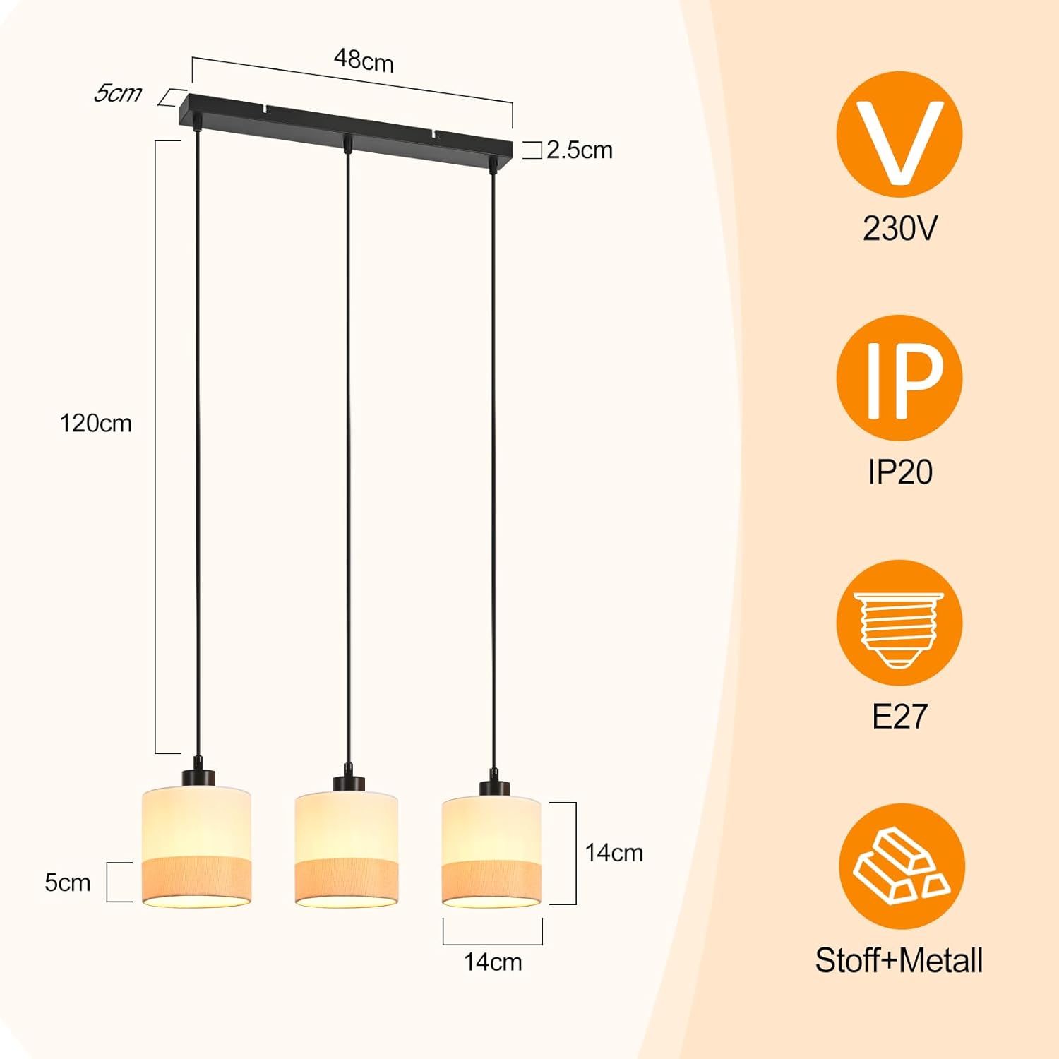 ZMH Lampa wisząca nowoczesna E27 biała 3 płomienna do salonu bez żarówki - 9