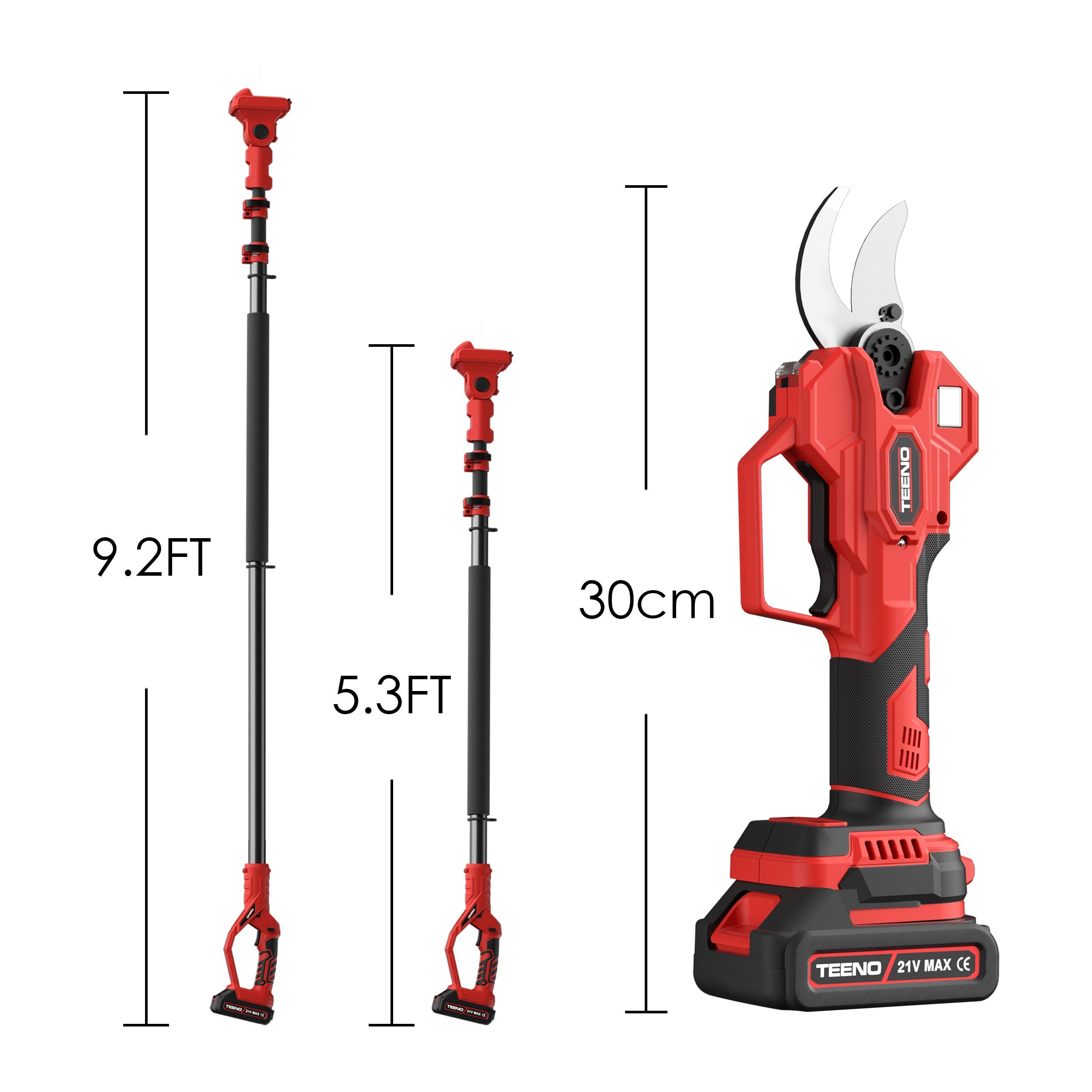 TEENO Elagueuse sans fil avec perche télescopique de 2 mètres, diamètre 15-40mm, 2 * batteries 2.0Ah - 5