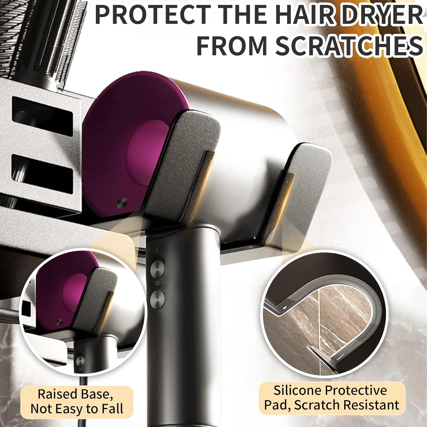 Support De Sèche-Cheveux Sans Percage - Porte Sèche Cheveux Adhésif Aluminium Avec Range-Câbles, Noir