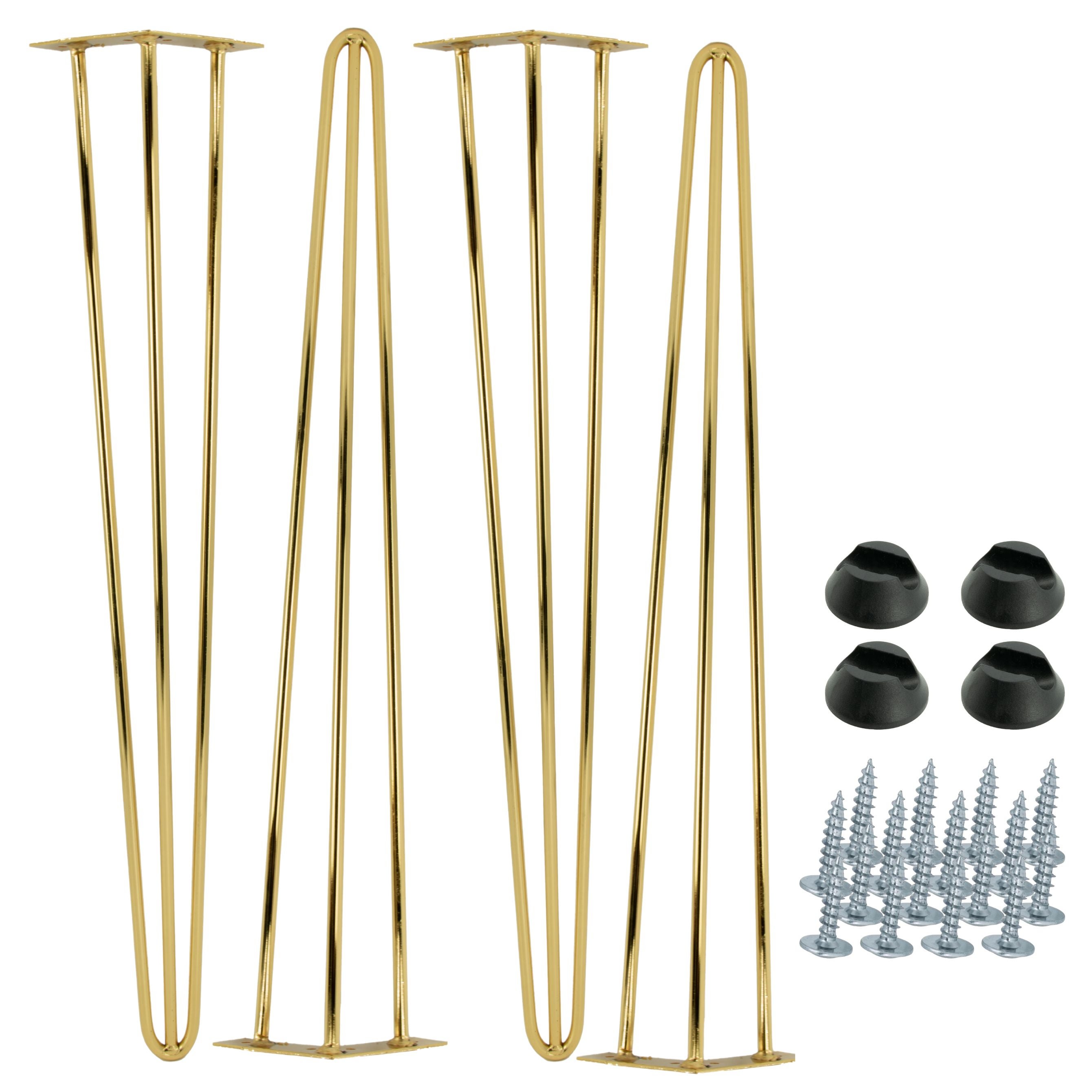 Zestaw 4 nóżek meblowych typu Hairpin, wysokość 71 cm, 3 pręty, kolor złoty chrom ze stopkami plastikowymi
