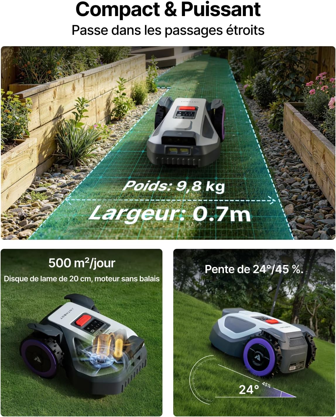 Tondeuse Robot sans Fil Périphérique,Max. 1200m²,NetRTK,4G,ACC Cartographie Automatique, Gestion Multi-Zones,Programmation de la Tonte,ANTHBOT M9 - 7