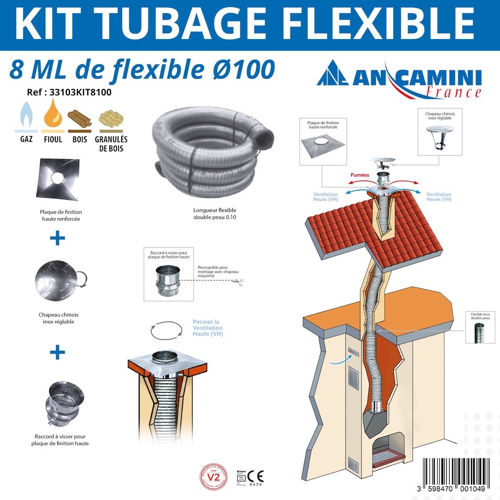 Kit tubage flexible Ø100 8 mètres double peau inox avec plaque de — free download