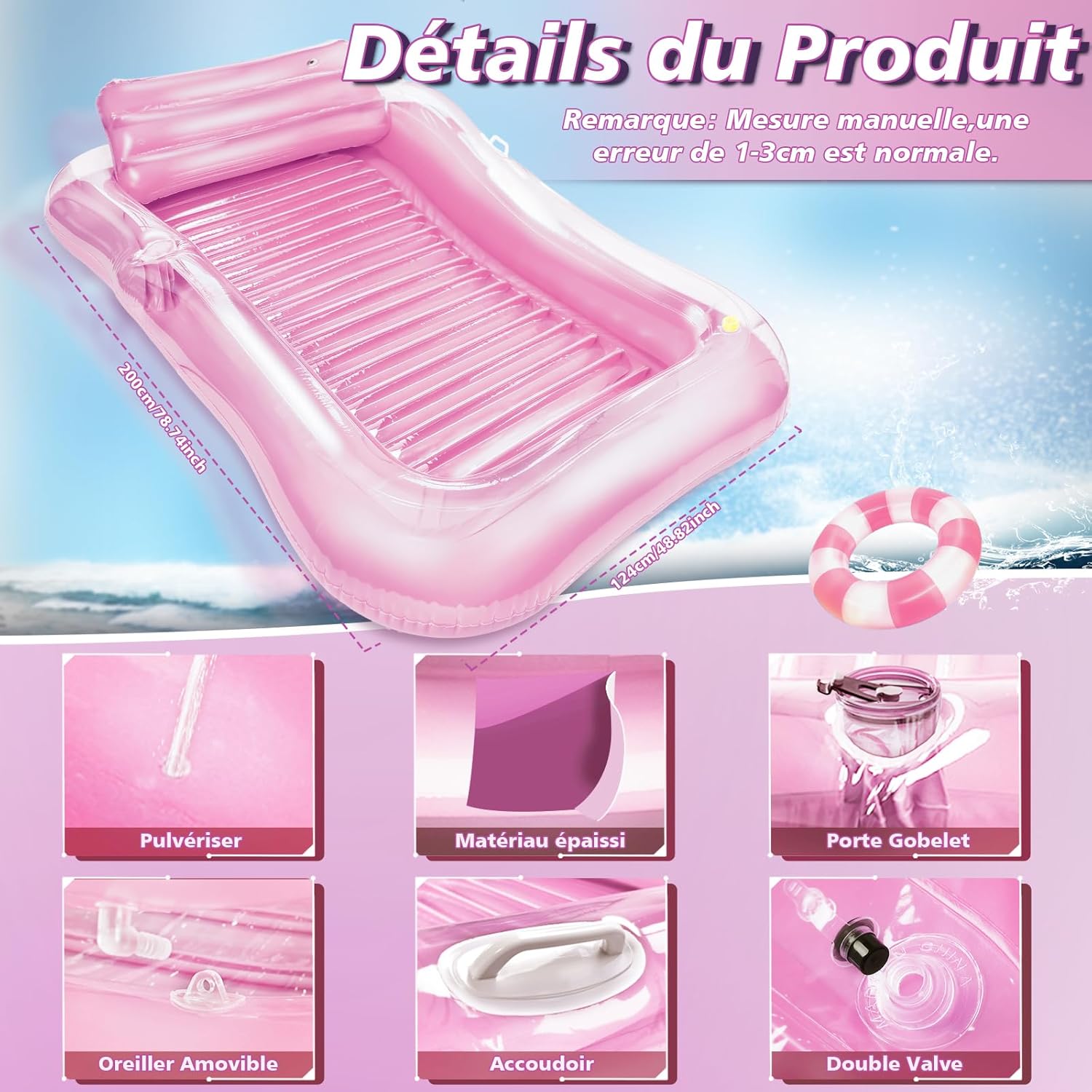 Hamaca Inflable De Agua Con Soporte Para Bebidas – Colchón Acolchado, Antideslizante, Ligero Y Portátil, Ideal Para Piscina, Playa O Río Perezoso