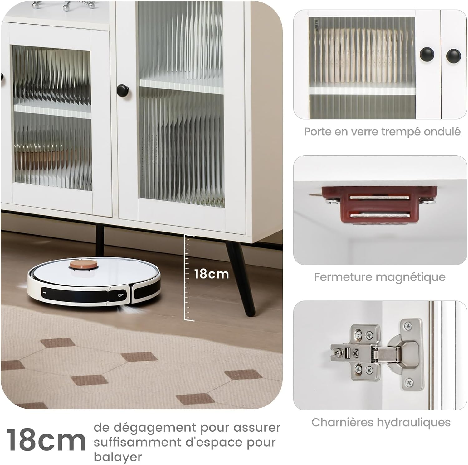 Credenza Moderna con Tanto Spazio, Mobile per Cucina con Ante in Vetro Temperato, Dispositivo Antiribaltamento e Ripiani Regolabili, per Sala - 4