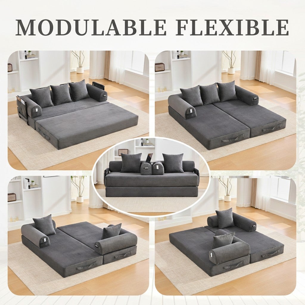 Canapé Modulaire Convertible Velours Côtelé Gris Foncé - Cadre Métal, 3 Coussins. Lit Salon Design Moderne 200cm - 7