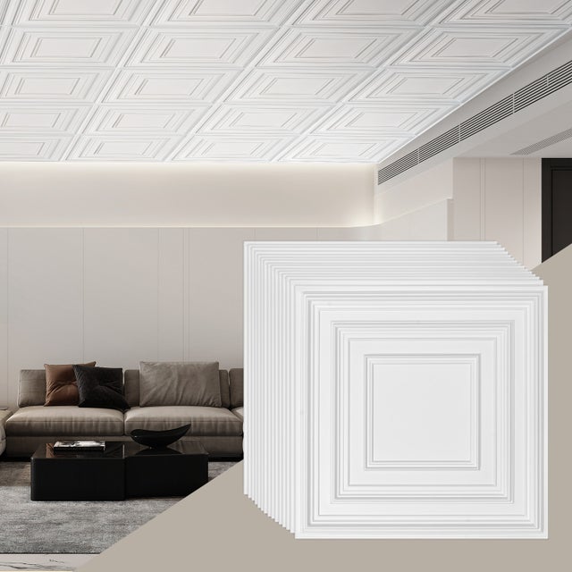 Dalles de Plafond PVC VEVOR, Lot de 12, Plaques Décoratives 605 x 605 mm à Coller, Revêtement Blanc Texturé 3D