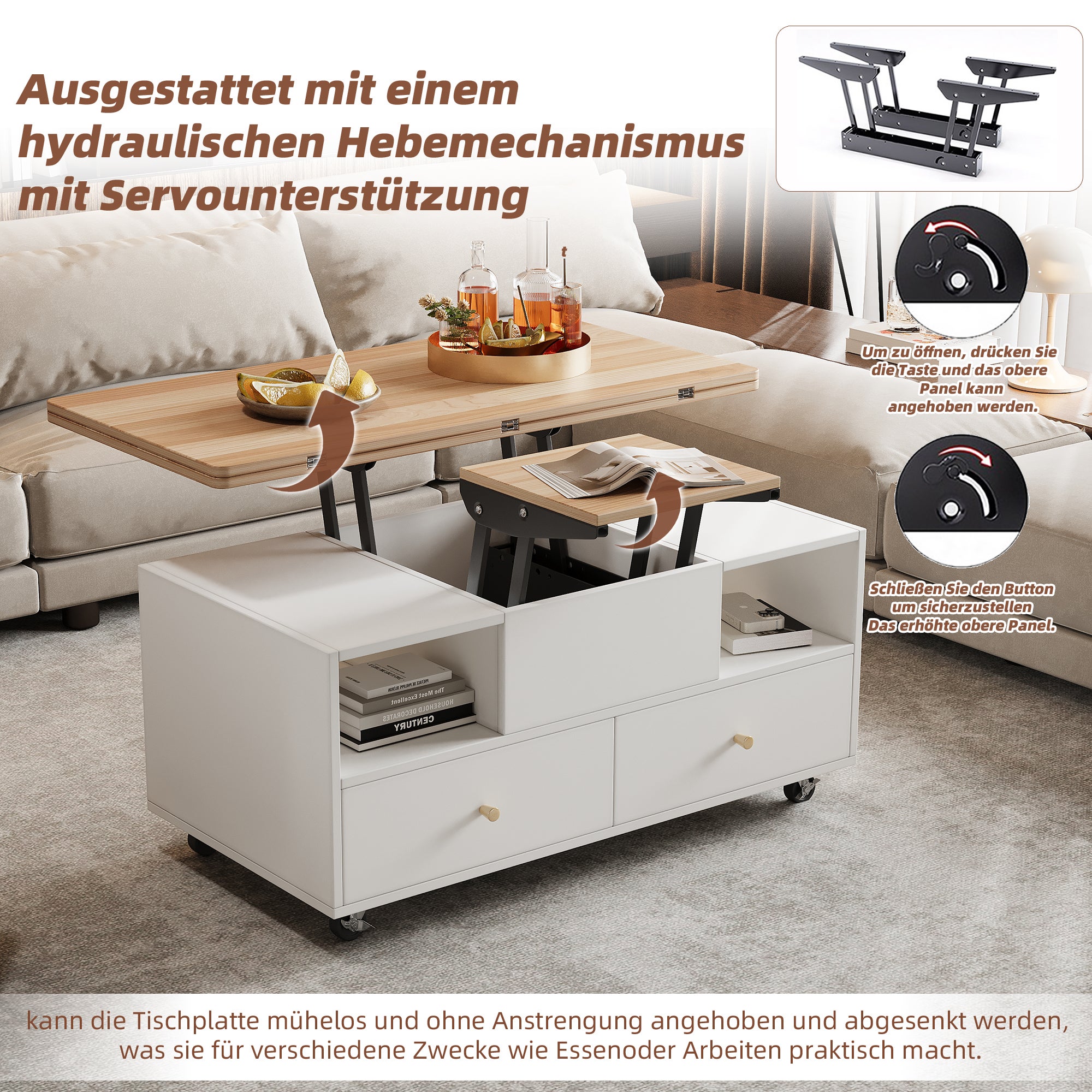 Table basse relevable mobile avec 4 tiroirs et 2 compartiments - 100 x 50 x 47,5 cm - MDF - Blanc + naturel - 6