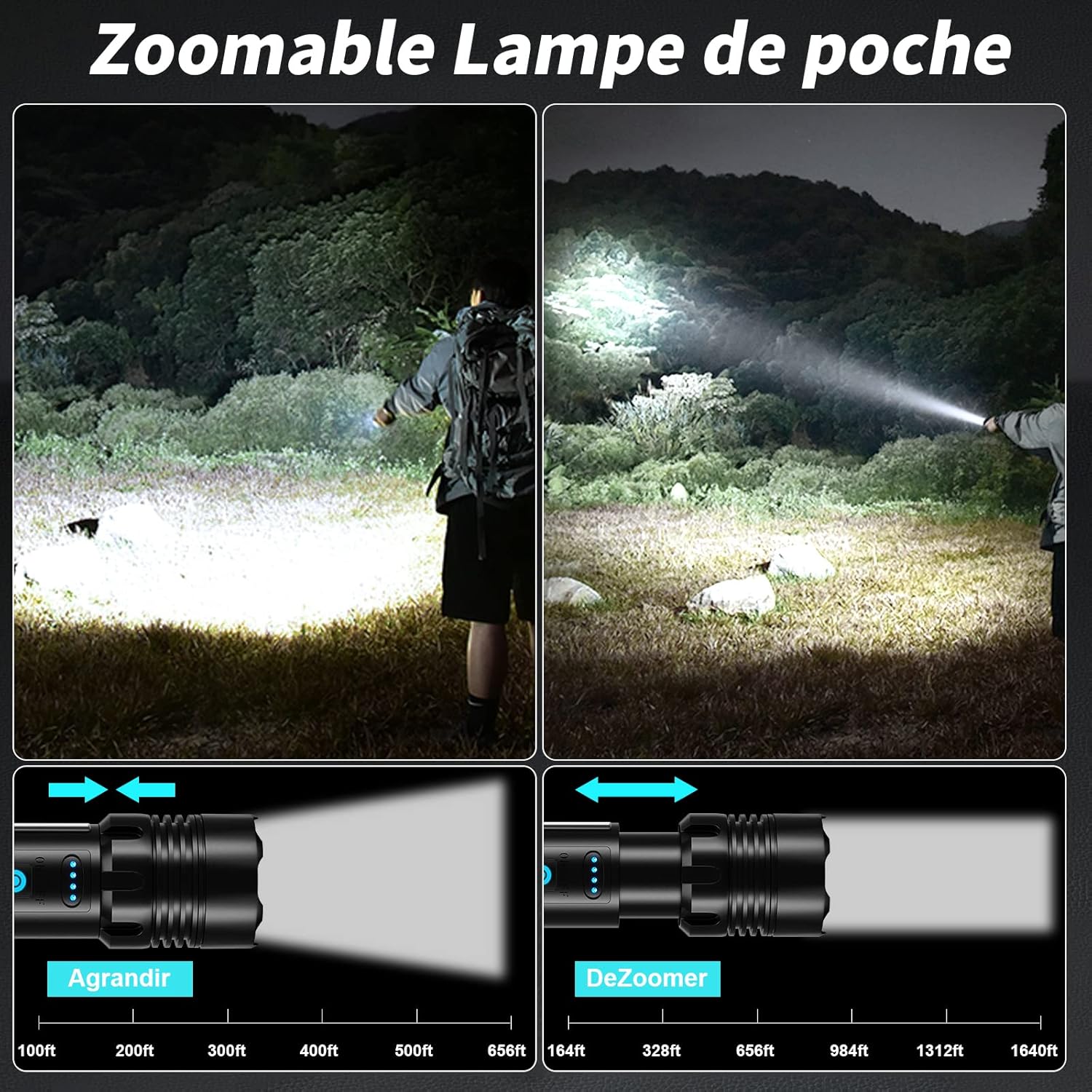 Lampe de poche LED ultra puissante, 10 000 lumens rechargeable, lampe de poche tactique militaire puissante, étanche IPX6, 7 modes d'éclairage pour le - 4