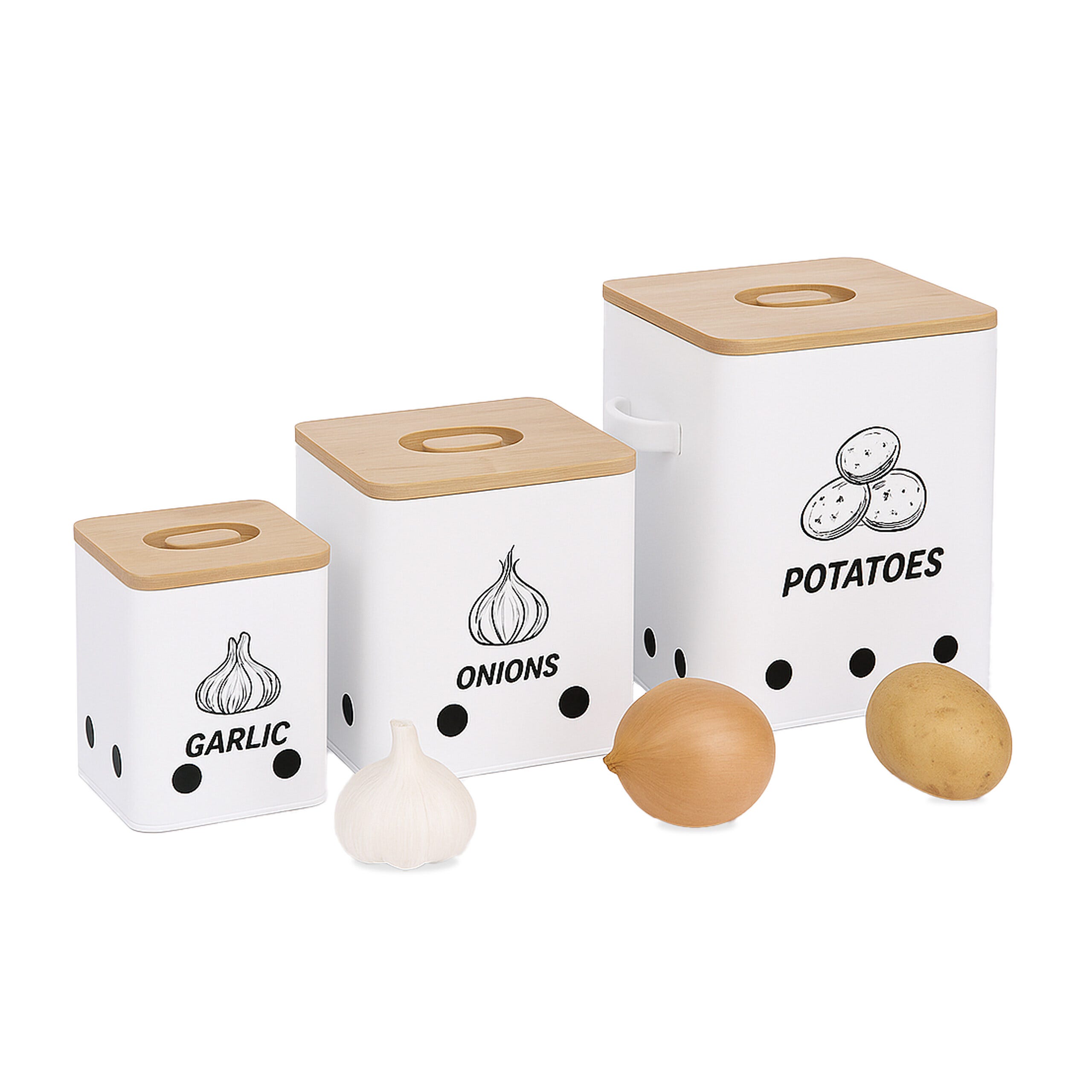 Set di 3 contenitori per patate, cipolle, aglio, con coperchio in bambù, per conservare le verdure, fresche, cipolle, aglio, patate, nero Set di 3 contenitori per patate, cipolle, aglio, con coperchio in bambù, per conservare le verdure, fresche, cipolle, aglio, patate, nero