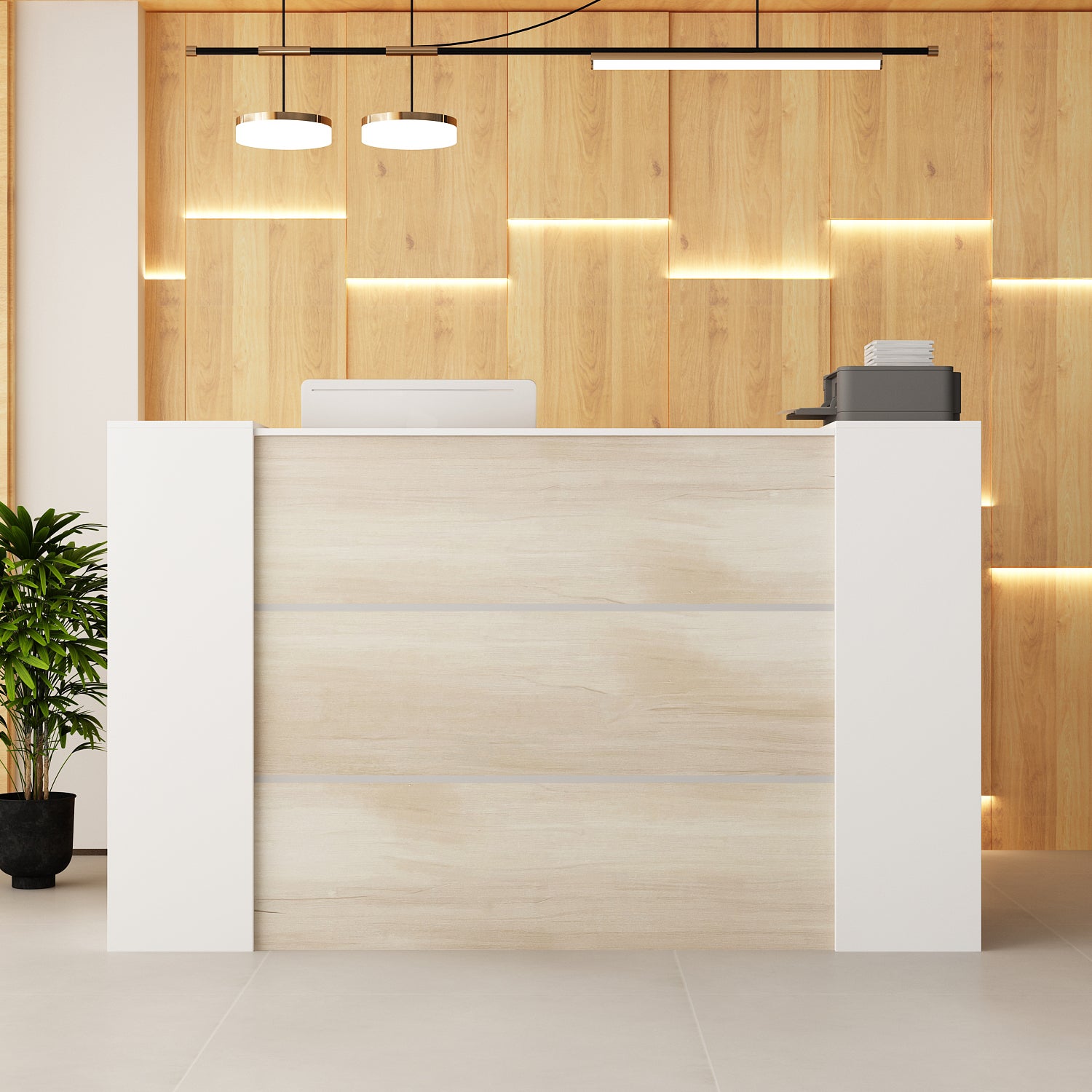 Bureau d’Accueil avec 2 Portes verrouillables, Comptoir de réception avec Compartiments, Salon et Bureau, 180x60x110cm, Naturel - 7