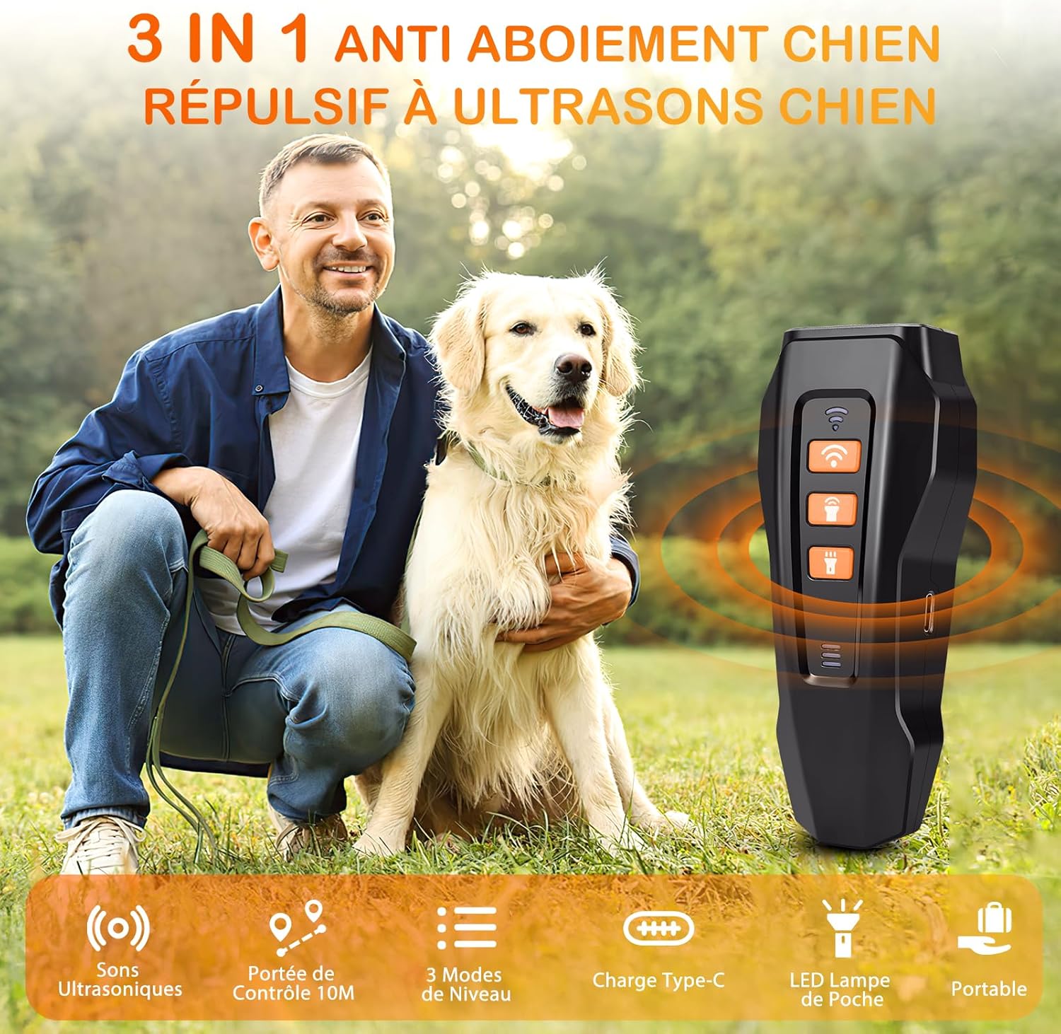 Repelente ultrasónico para perros: potente dispositivo antiladridos ultrasónico con 3 frecuencias ajustables, alcance de 10 m y linterna. - 2