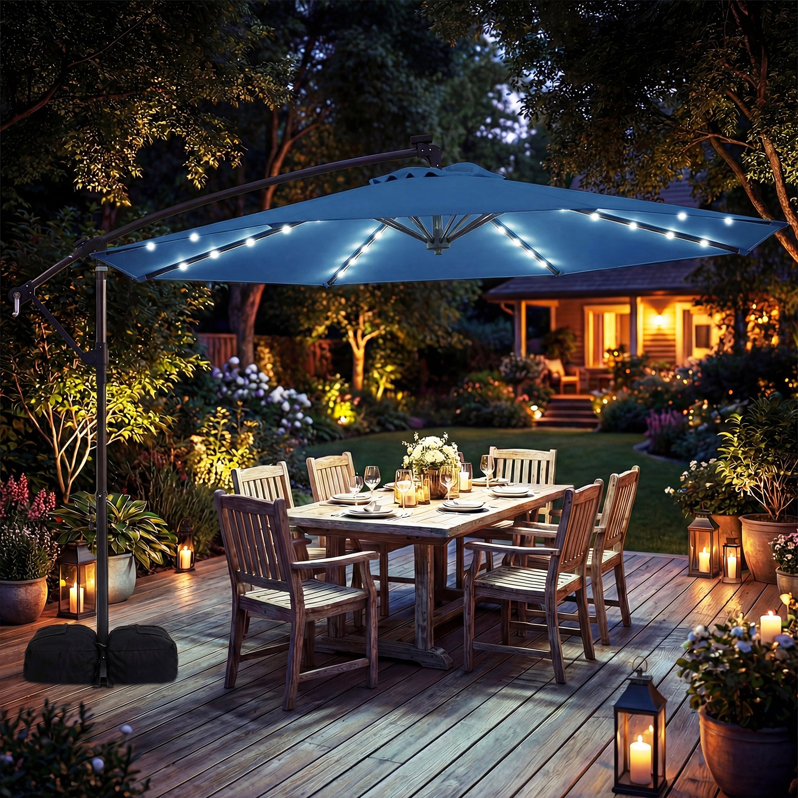 Parasol Déporté 3 x 3M, Parasol de Jardin Extérieur avec Lumière Solaire, Rotation 360°, 8 Baleines en Métal, Toit de Ventilation, 2 Sacs, Bleu - 9
