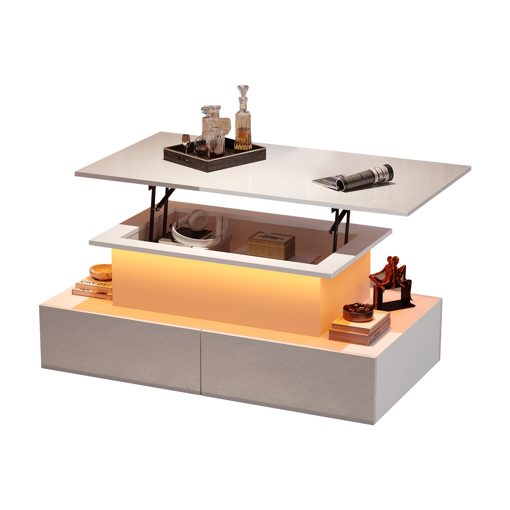 Table basse relevable LED, 90 x 55 x 41cm, Table d'appoint moderne salon, avec 4 grand tiroirs, rangement caché Blanc - 7