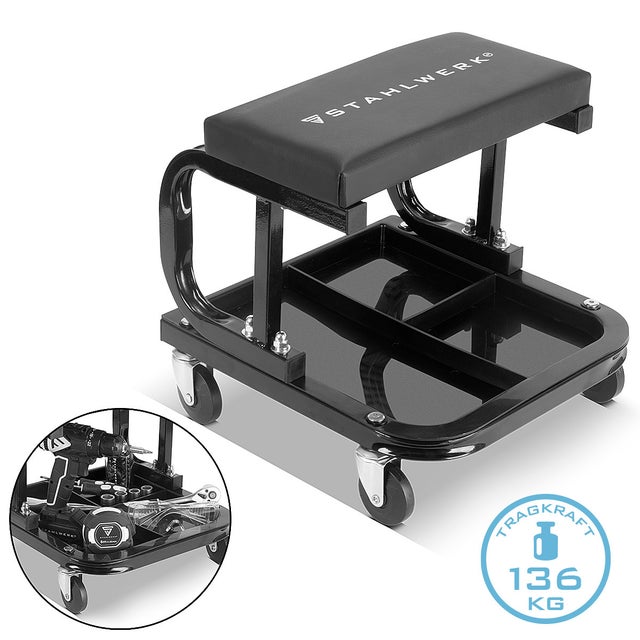 VEVOR Sgabello da Officina Mobile Portata Max. 113,4kg, Sgabello da Meccanico con Rotelle Altezza Regolabile da Officina con Vassoio Porta Attrezzi, Sedia per Riparazione Auto Moto da Garage Officina