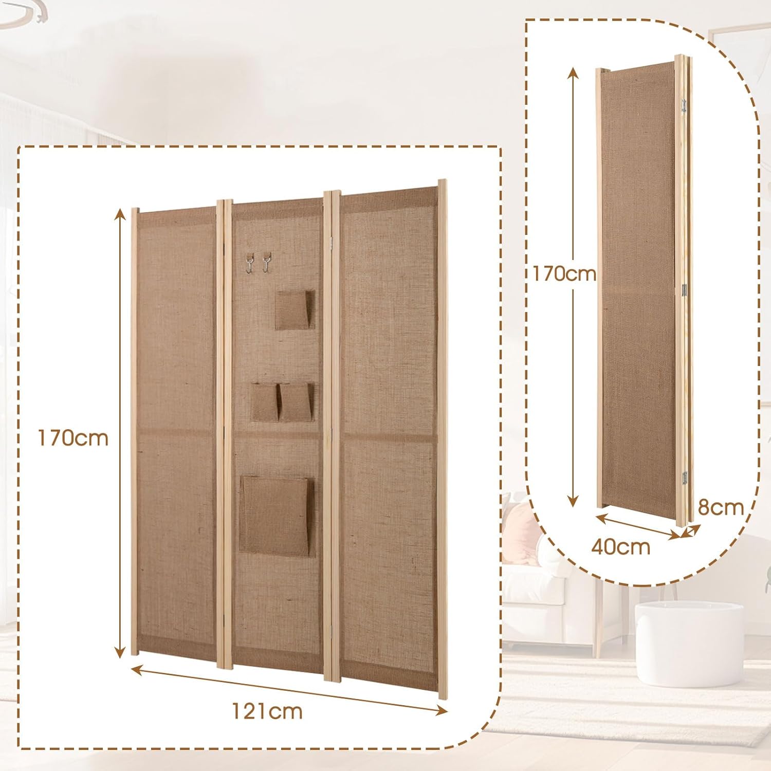 Paravent Interieur 3 Panneaux en Faux Lin avec 4Poches, 2 Crochets, Cordes en Jute et 20 Pinces en Bambou, pour Maison (120x170CM,Naturel(Porche)) - 5