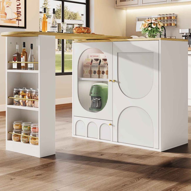 Mesa De Bar Giratoria 360° Con Almacenamiento - Isla De Cocina Plegable 138x39x105 Cm