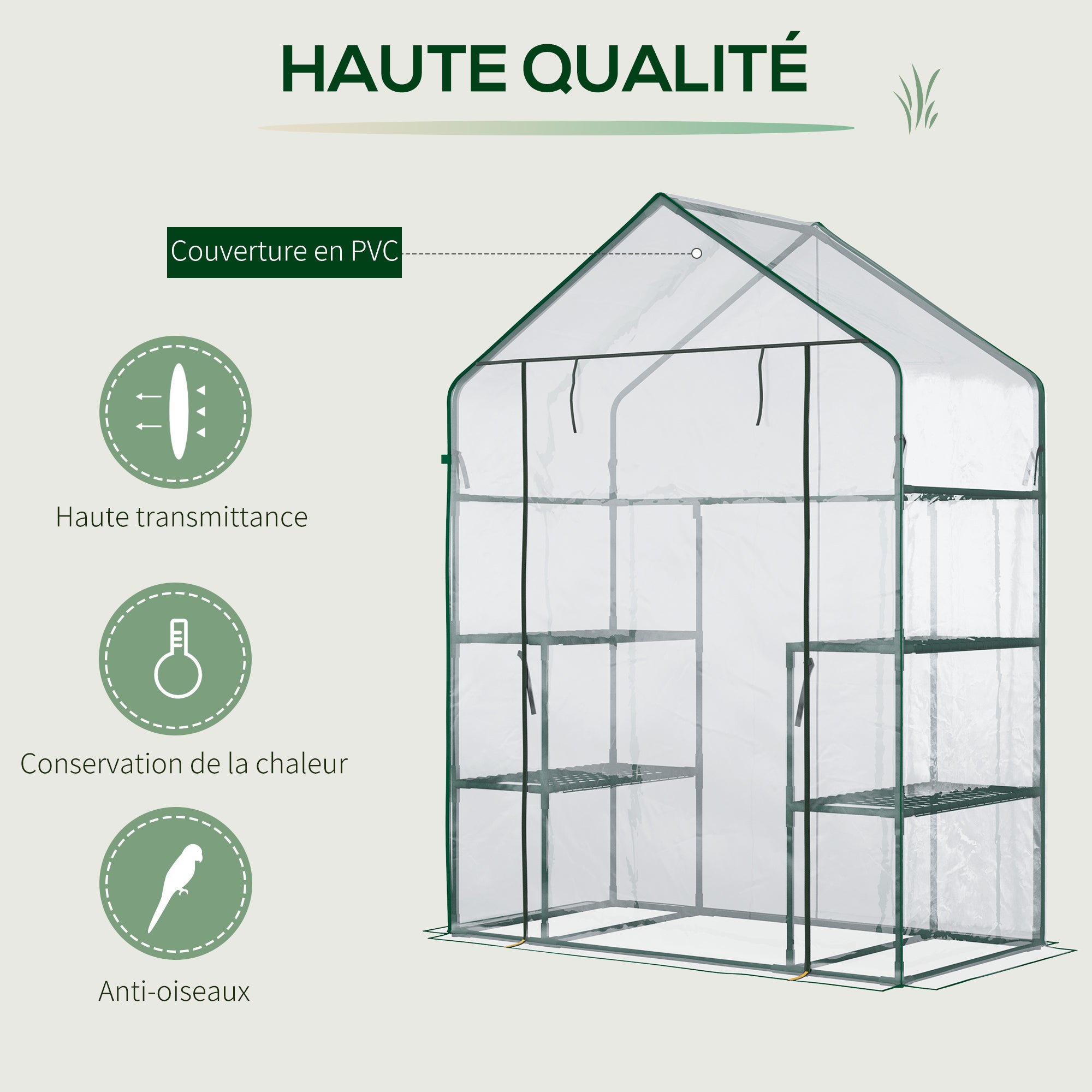 Serre de jardin avec 4 étagères en acier, fabriquées en PVC haute densité (140 g/m²), résistant aux UV, vert transparent. - 6