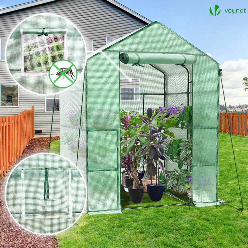 Serre de jardin avec étagères 143x143x195cm vert - bâche renforcée 135g/m², fenêtre moustiquaire, porte enroulable zippée - VOUNOT® - 2