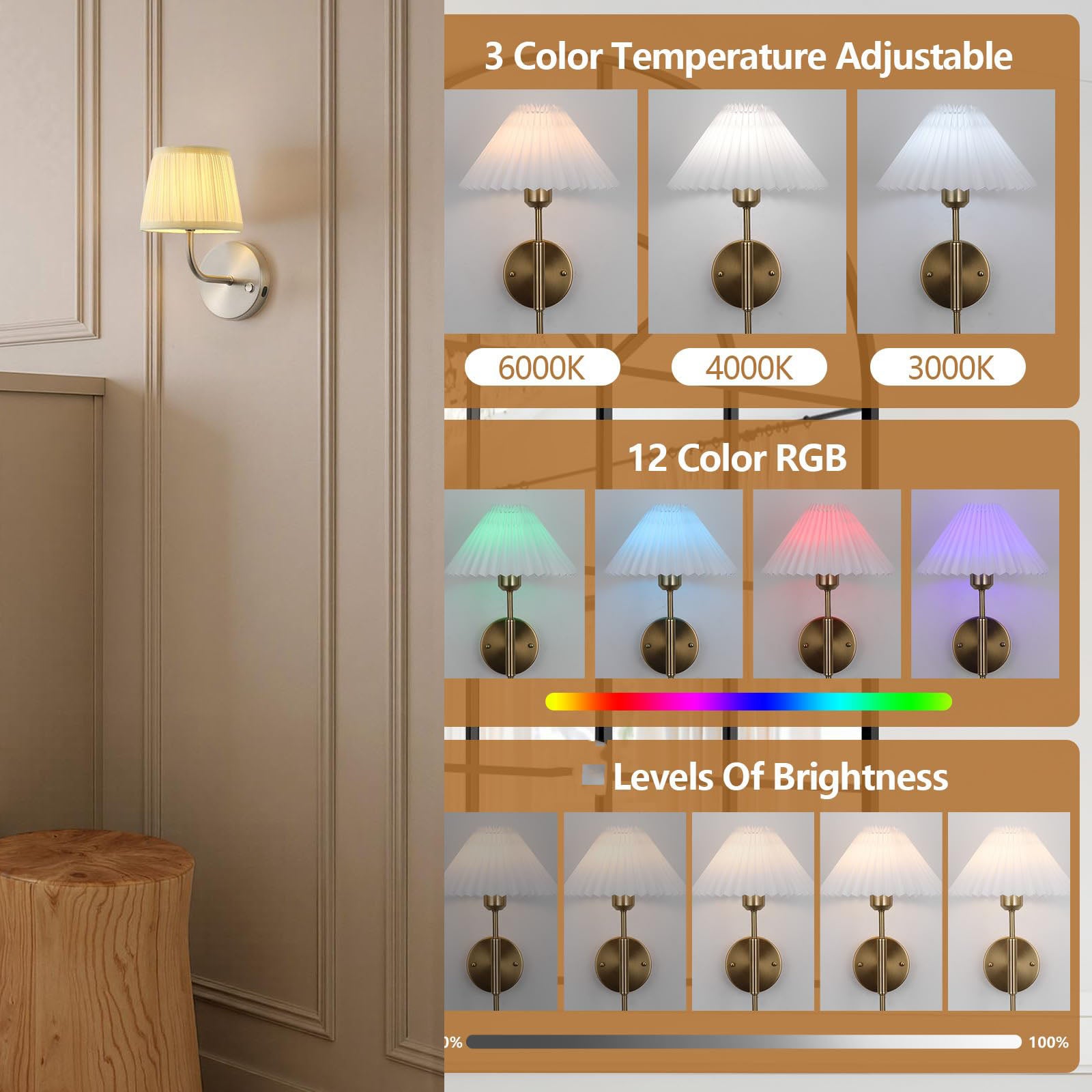 Zestaw 2 kinkietów zasilanych bateriami RGB z pilotem i żarówką, ściemnialne lampy ścienne LED do salonu i jadalni - srebrny - 2