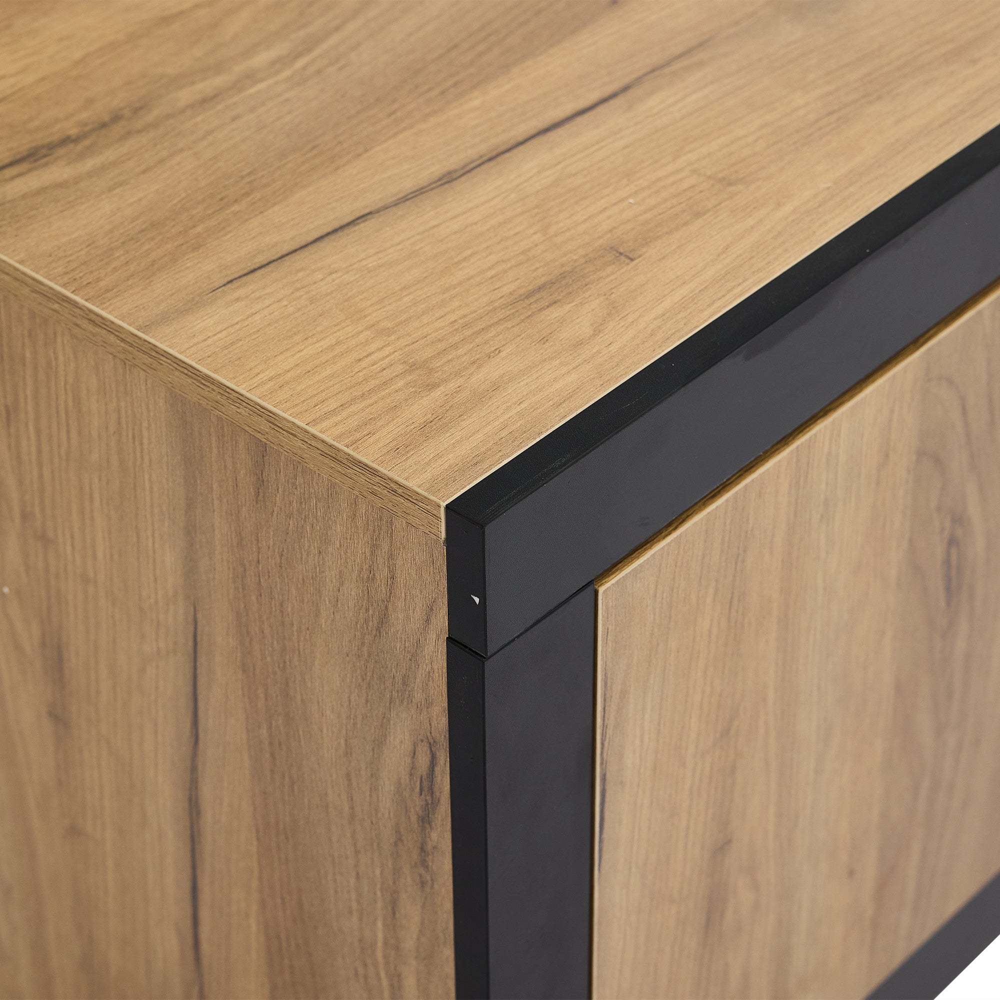 Meuble TV avec 1 porte, 1 tiroir et 2 compartiments - 160 x 40 x 50 cm - Panneau de particules et étagère en verre - LEDs - Noir et chêne - 6