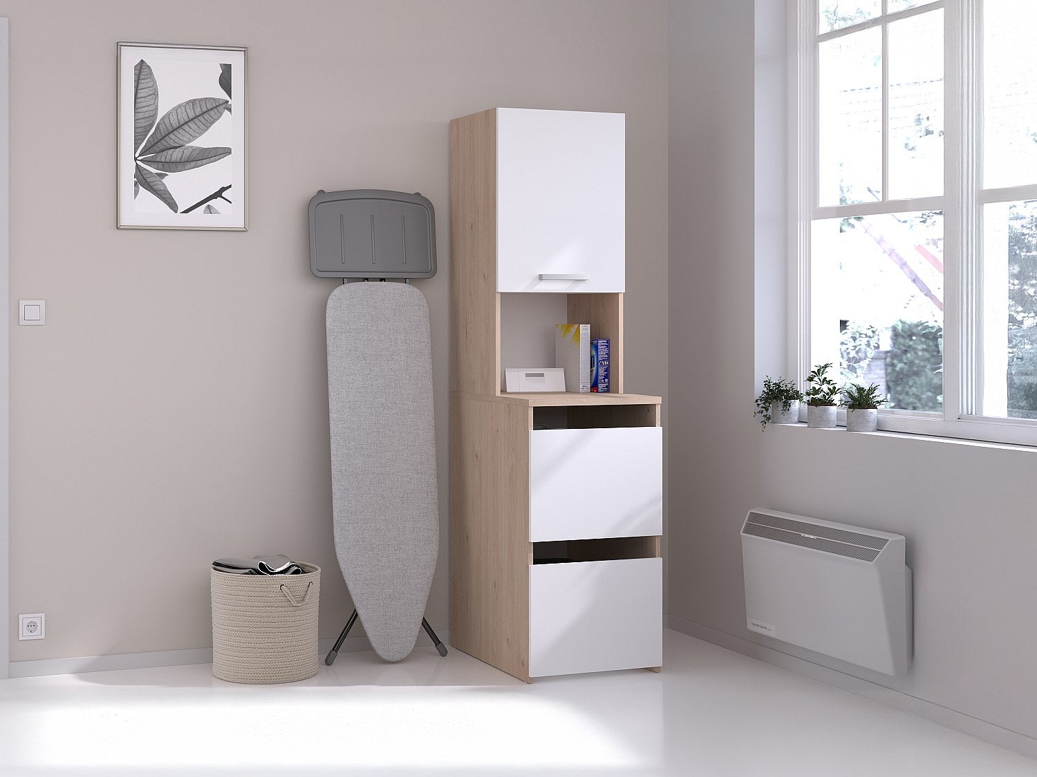 Szafka łazienkowa z szafkami i półkami - Naturalny jasny i biały - szer. 47 x wys. 184 cm - ERKANO