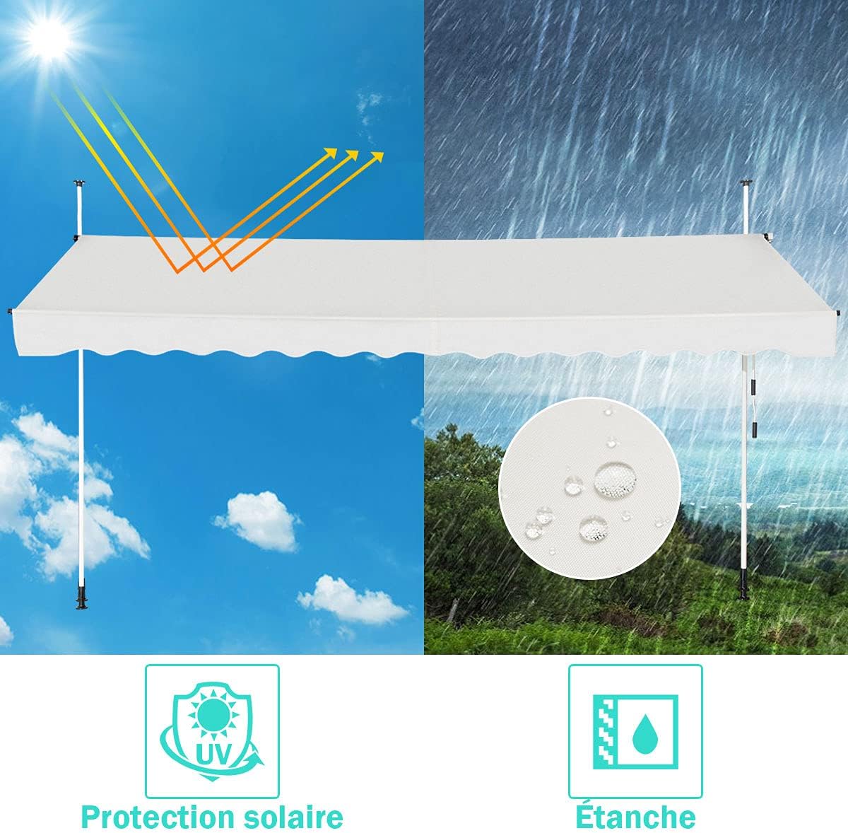 Store Banne Manuel Rétractable, Auvent Balcon Terrasse Rétractable sans Percage, Hauteur Réglable 2-3M, 3,5x1,75M, Beige - 6