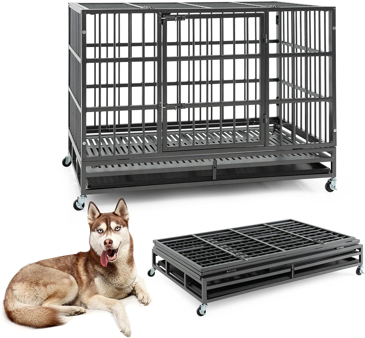 Cage pour chien, 24 pouces, fer, pliable, avec séparateurs, palette en plastique, noir Cage pour chien, 24 pouces, fer, pliable, avec séparateurs, palette en plastique, noir