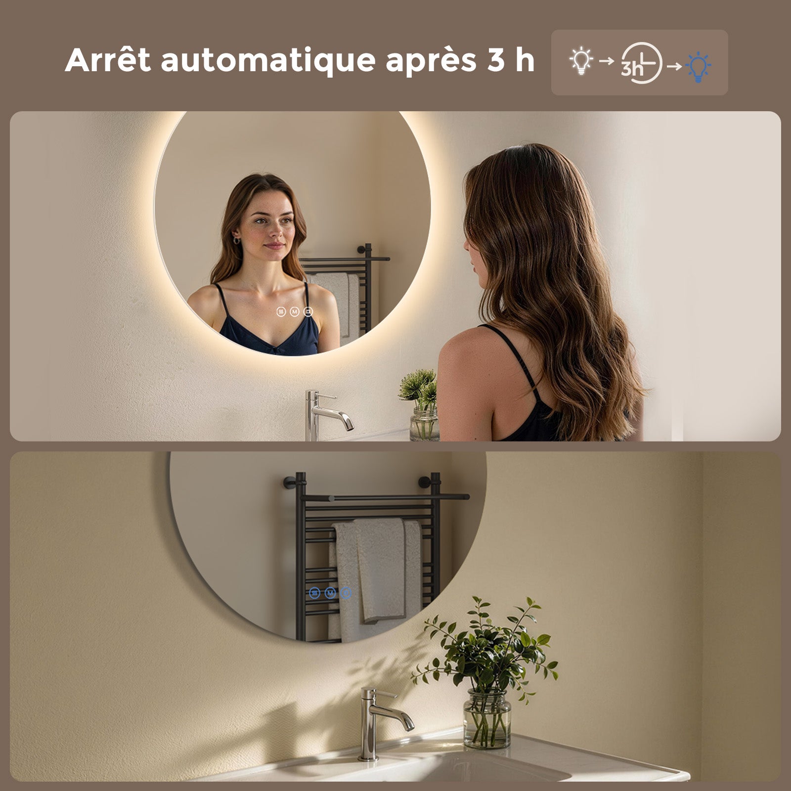 Miroir salle de bain lumineux rond 50 cm, miroir LED avec éclairage antibuée, variateur tactile, 3 couleurs, mémoire - 6