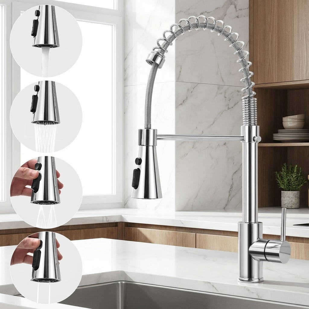 Grifo de cocina con muelle cromado en acero inoxidable, ducha extraíble de 4 chorros, rotación 360° y fácil instalación