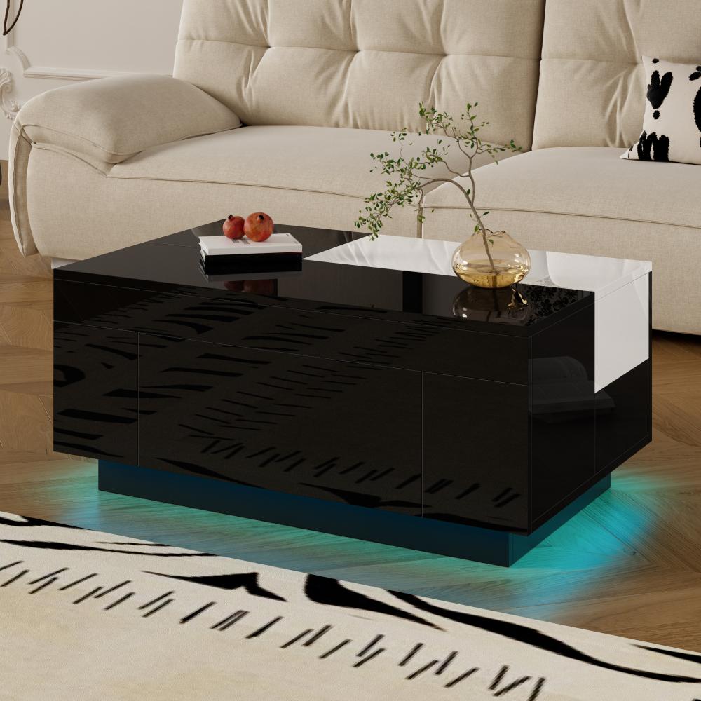 Table basse brillante avec éclairage LED, plateau extensible noir et blanc et rangement caché – éclairage RGB réglable en 16 couleurs