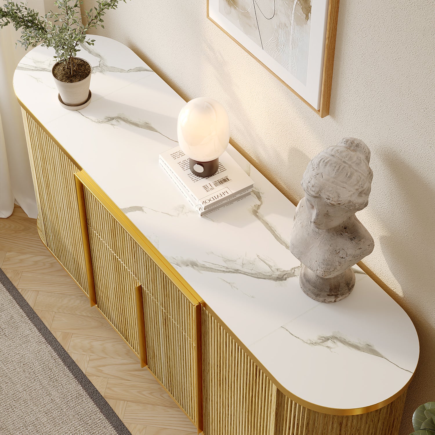 Buffet de Salon avec 4 Portes et Tiroir, Meuble de Chambre avec Façade Sculptée et en Bois Texturé, 160x40x82.5, Naturel et Marbre - 4