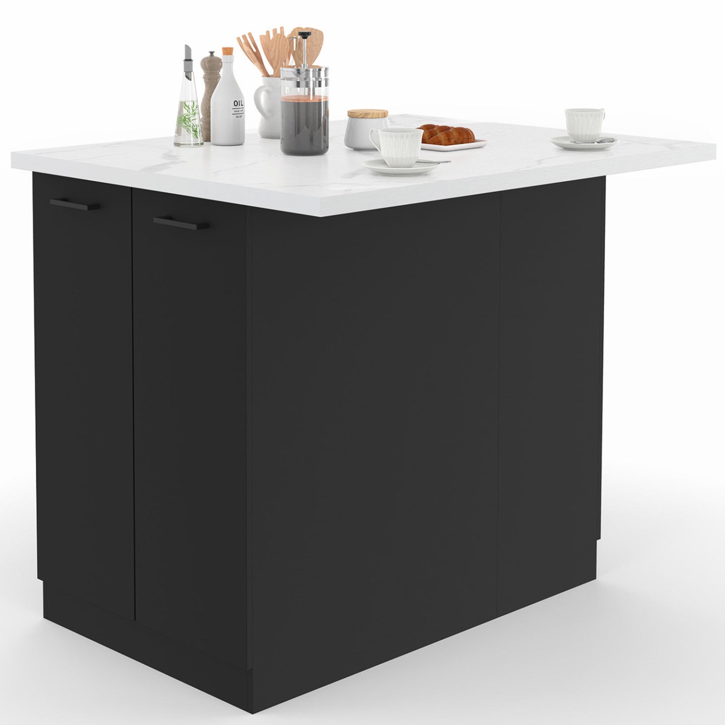 Ilot central IVO 100 cm bois noir avec plan de travail effet marbre ALASKA - 2