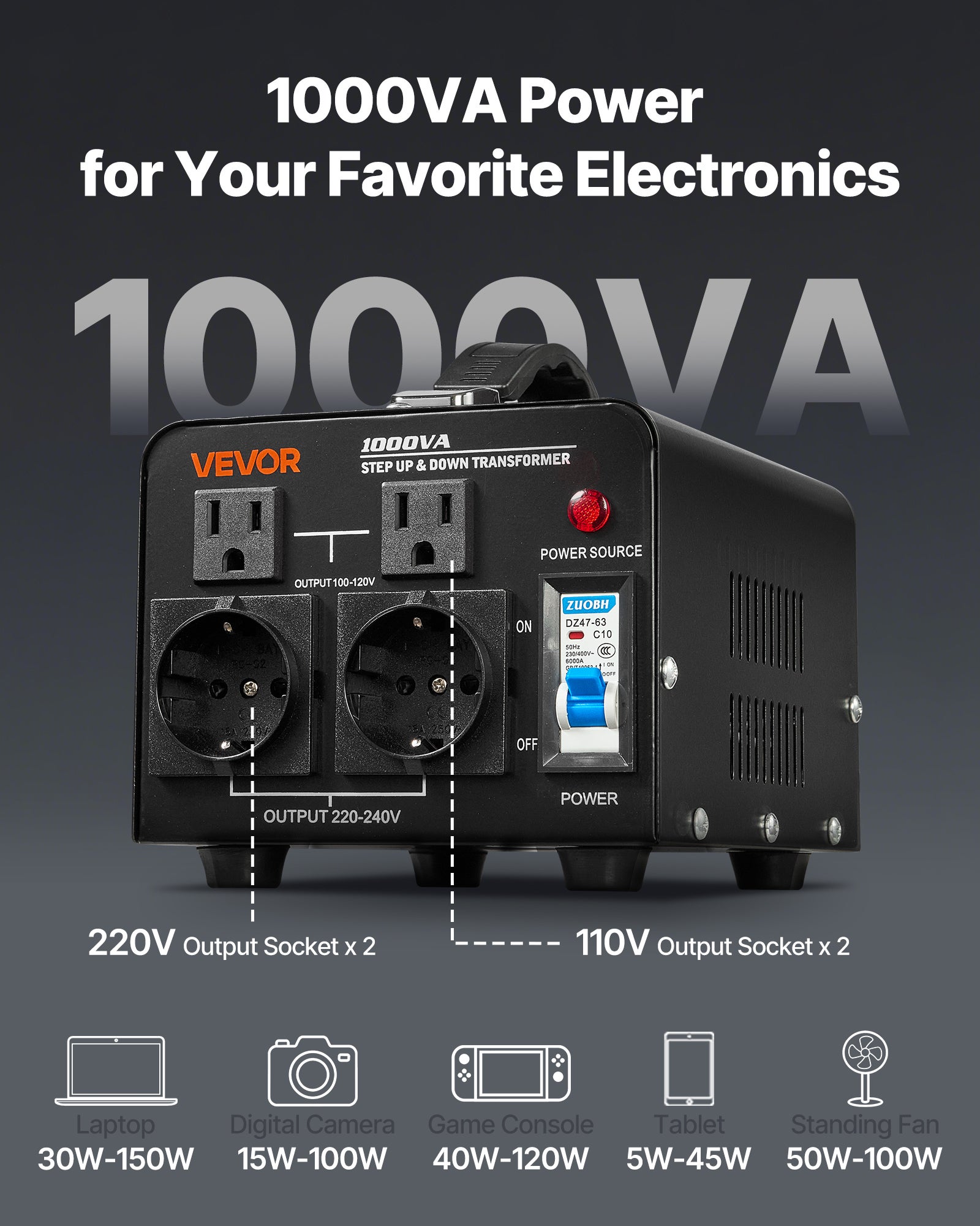 Transformateur VEVOR 220 V à 110 V et 110 V à 220 V, 1000 VA, avec Prises Américaines, Européennes, Cordon d'Alimentation, Protection par Disjoncteur - 4