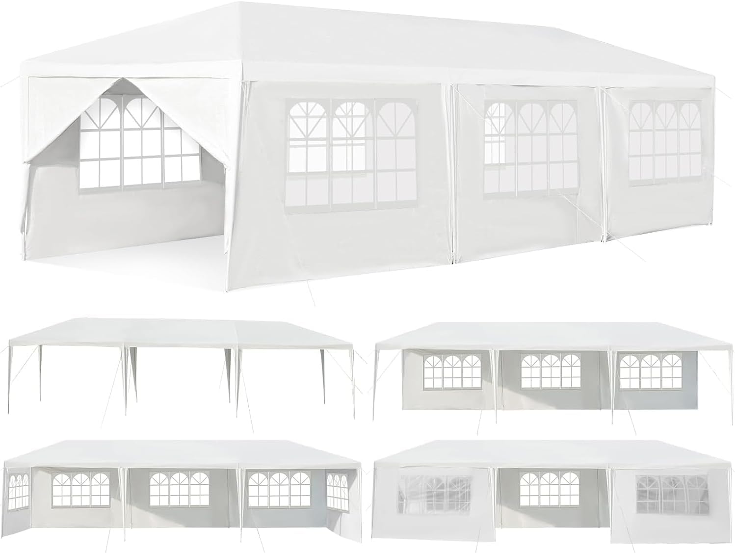 Tonnelle de Jardin/Tente de Réception 3x9m-27㎡ PE Barnum Imperméable avec Fenêtres 8 Bâches Amovibles, avec Piquets et Cordes - 9