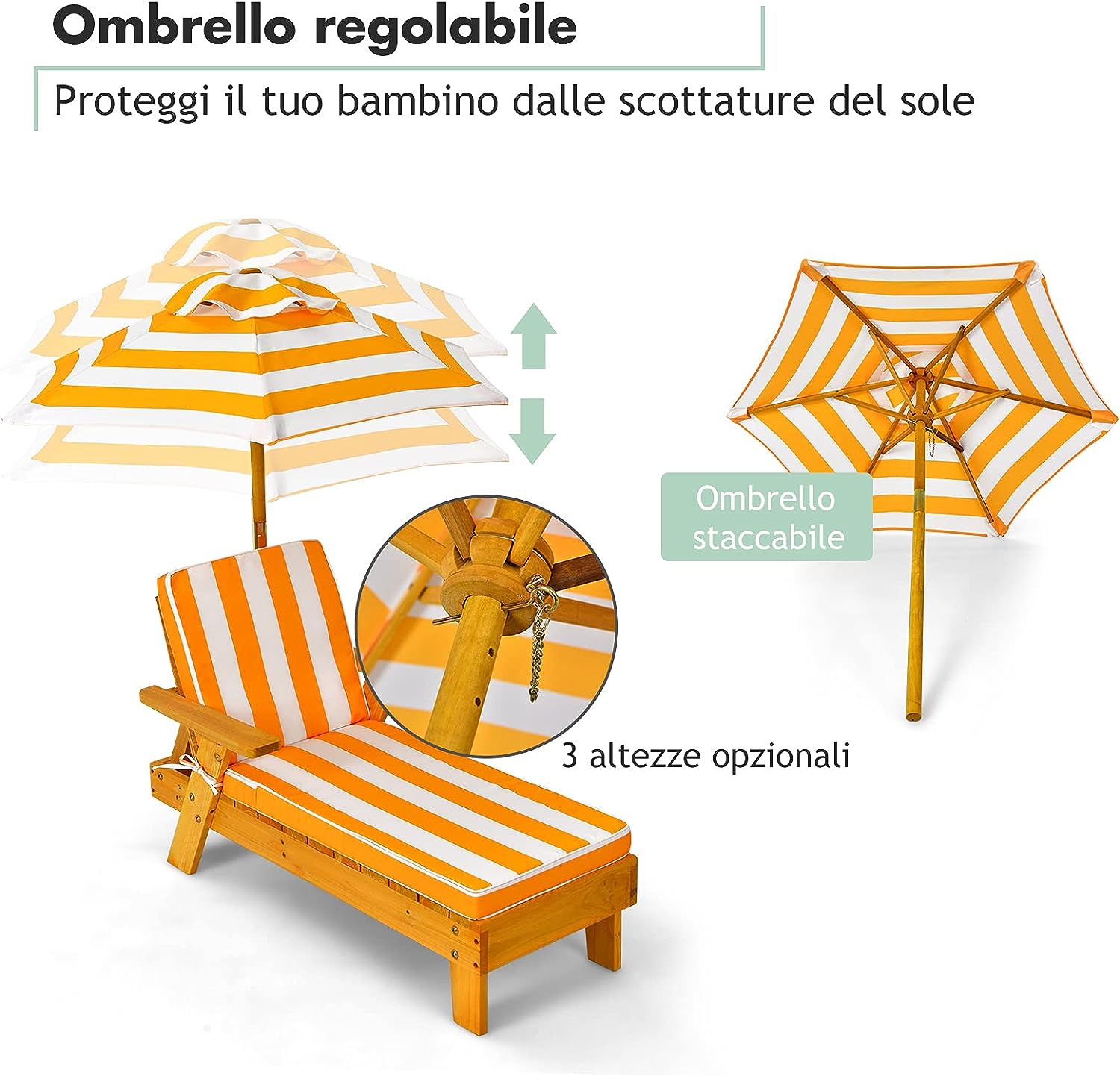 Chaise longue pour enfants 3-8 ans avec parasol amovible&nbsp;coussin lavable charge 50kg rayures - 9