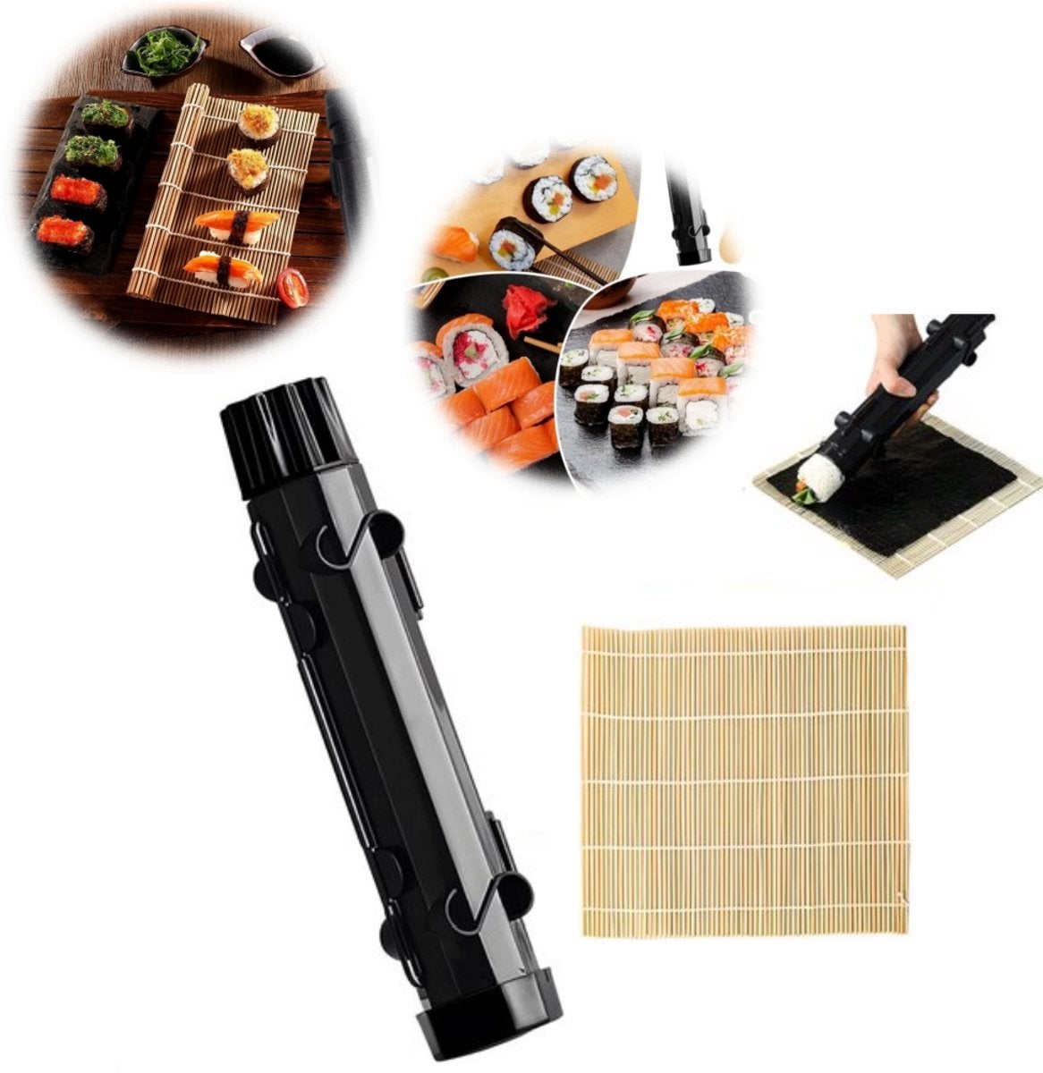 Kit pentru prepararea sushi din 2 piese, rolă pentru sushi, bazooka pentru sushi, inclusiv covoraș pentru sushi din bambus, forme, fă-o singur