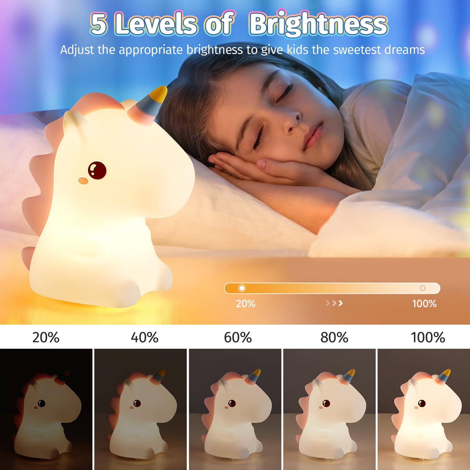 Veilleuse licorne pour enfants, 7 couleurs, veilleuse mignonne pour enfants, veilleuse rechargeable en Silicone pour chambre à coucher - 6