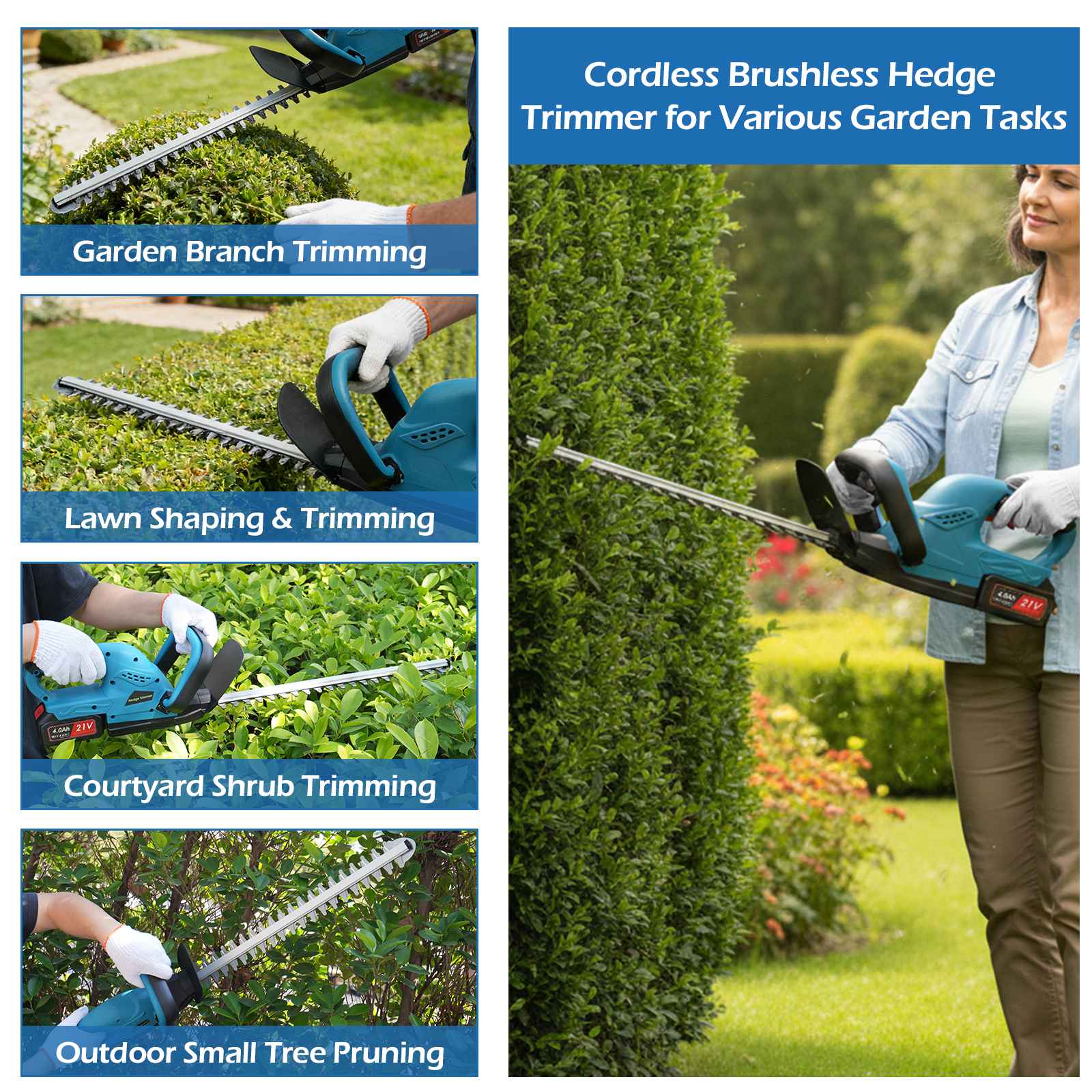 Taille-haie sans fil 21V 4.0Ah brushless 520mm double lame 2000RPM léger jardin puissant - 5